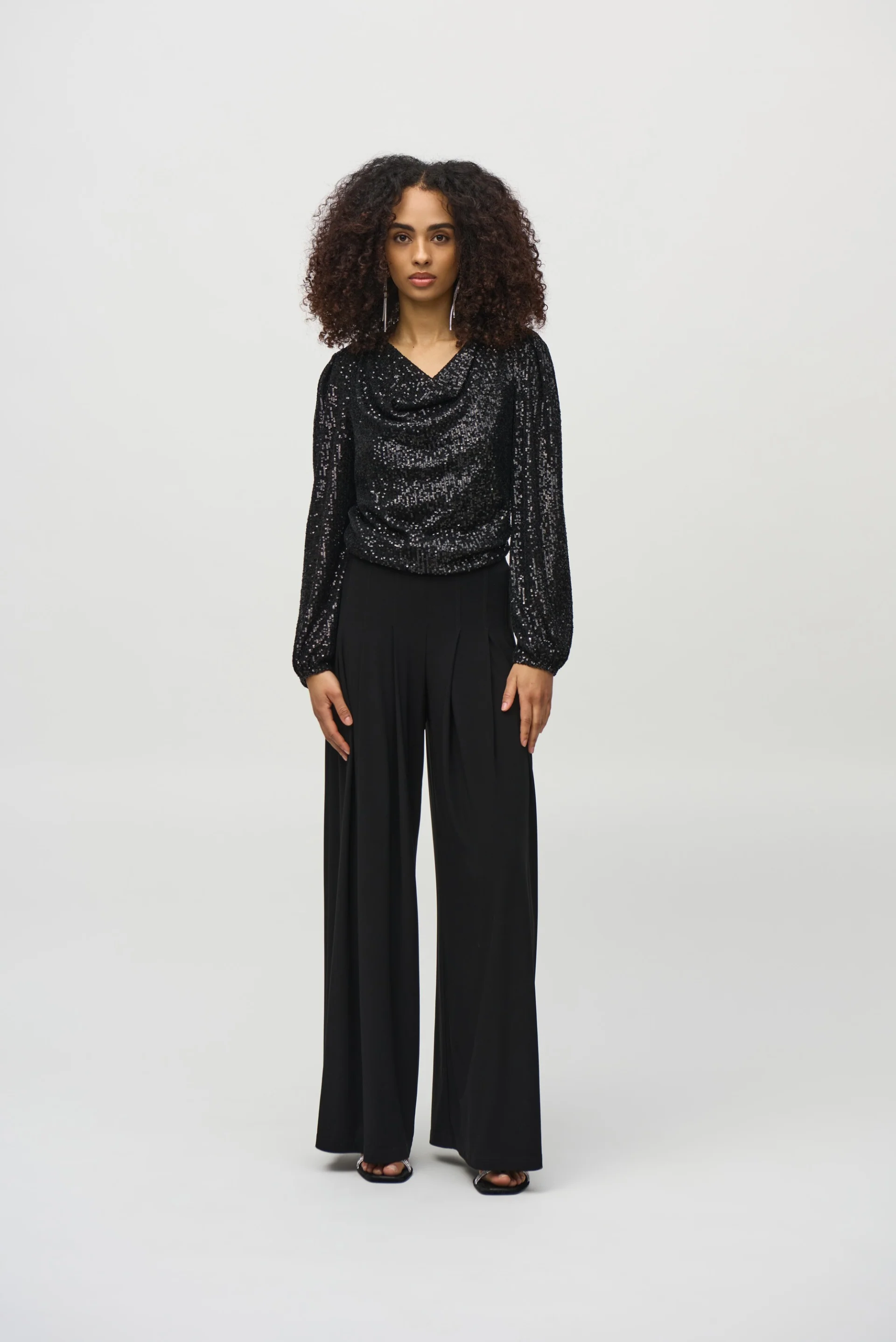 Joseph Ribkoff Black Sequined Cowl Neck Top Style 244917 - Image 4