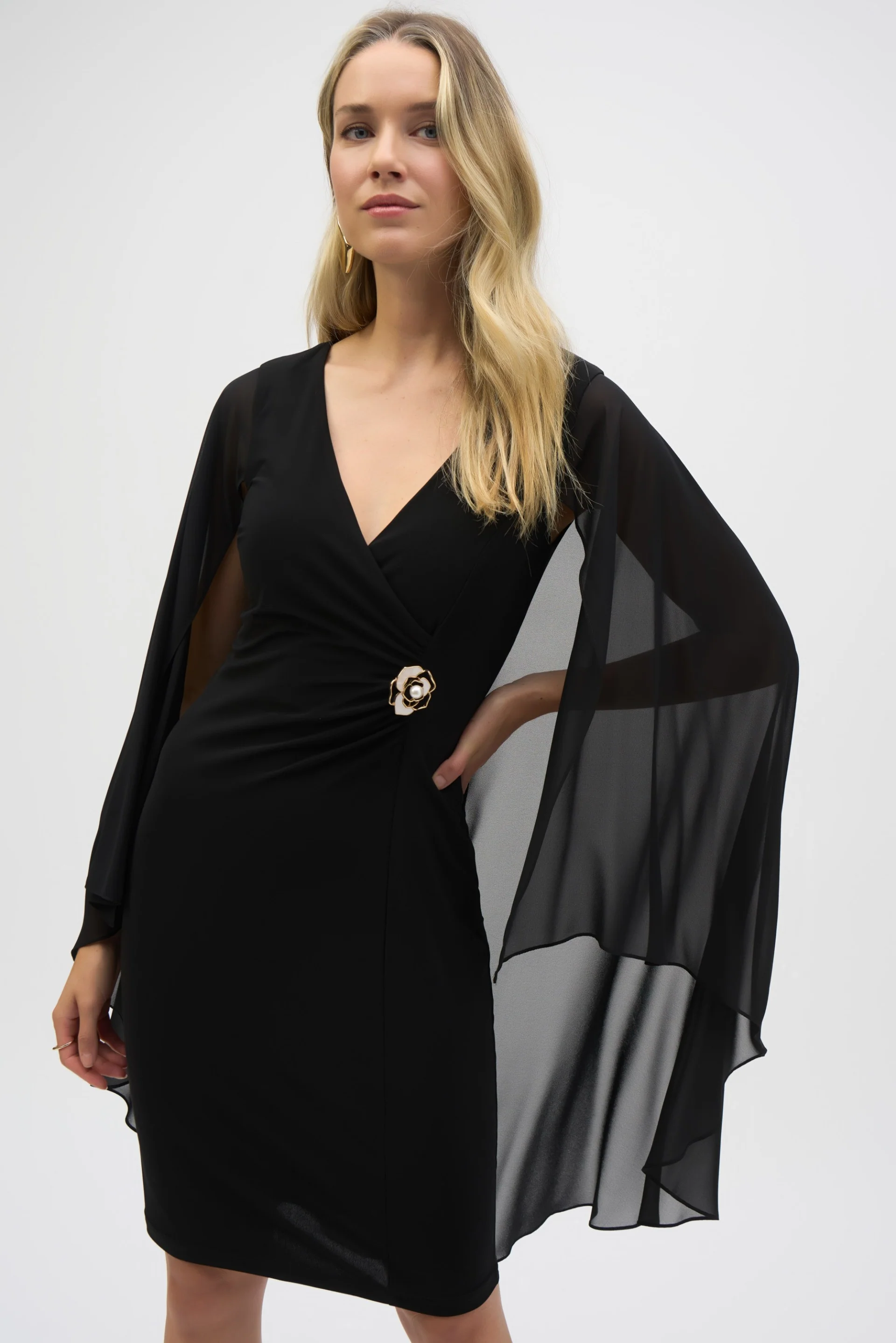 Joseph Ribkoff Black Sheath Dress With Chiffon Cape Style 243701 - Image 2