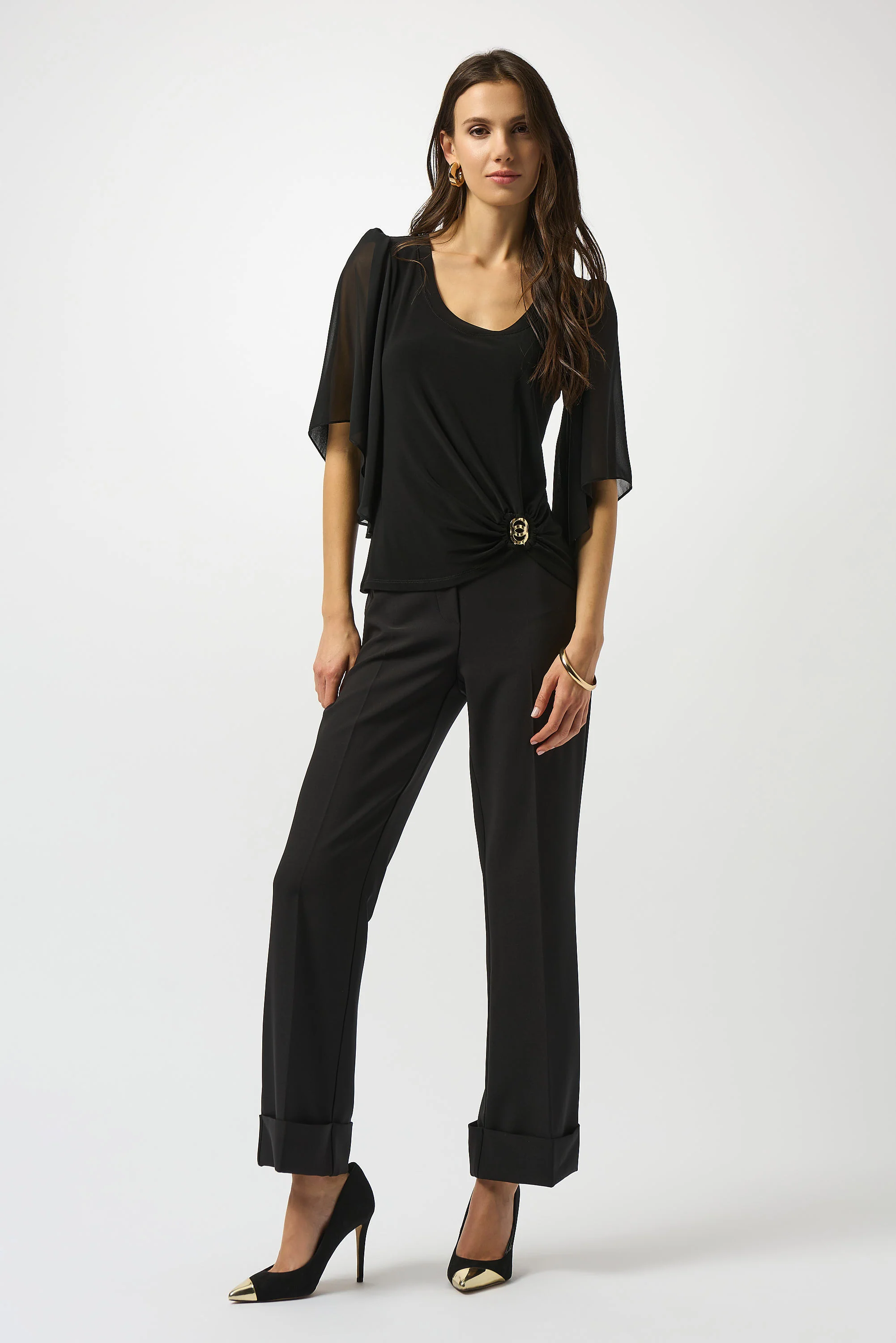 Joseph Ribkoff Black Silky Knit and Chiffon Fitted Top Style 253055 - Image 2