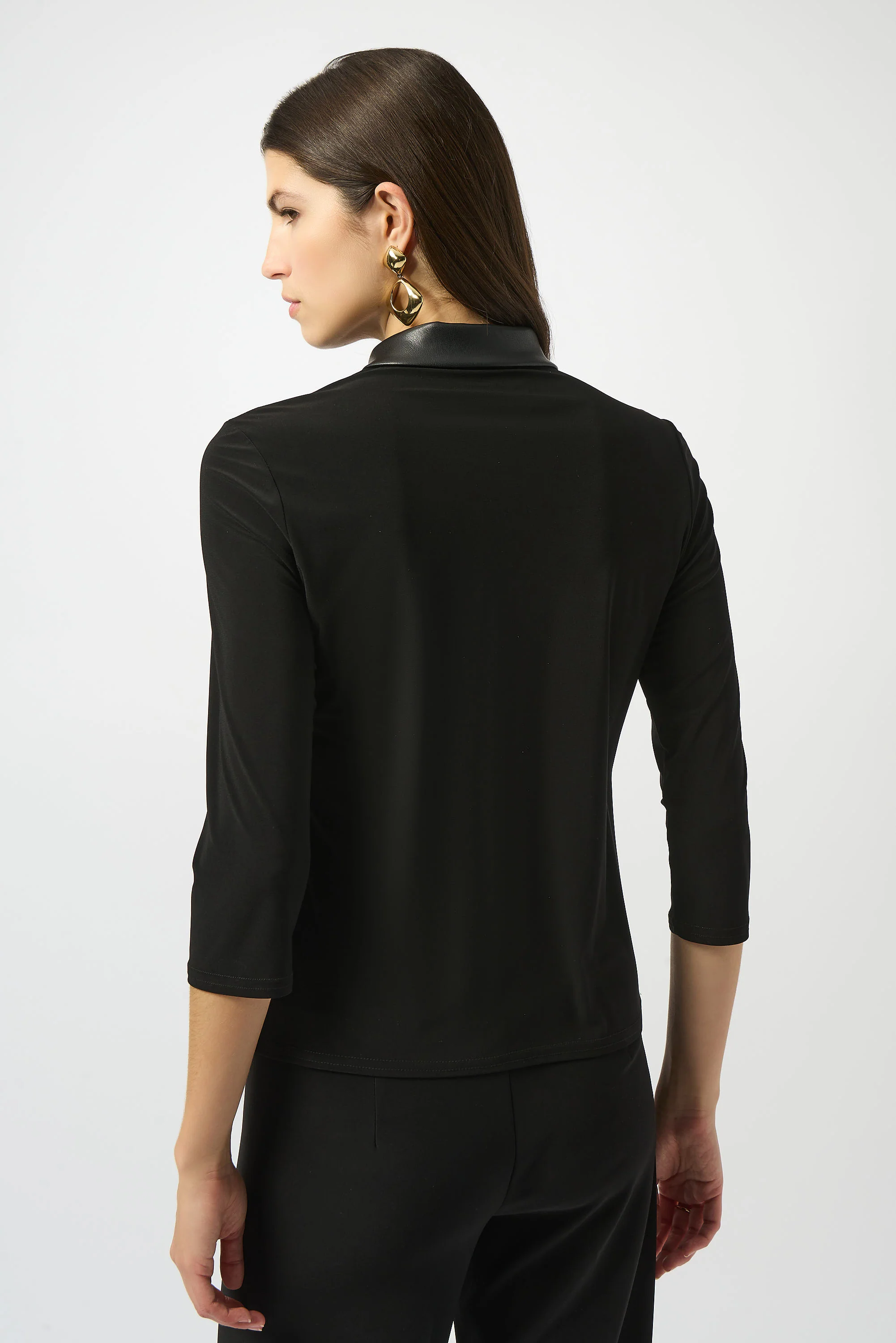 Joseph Ribkoff Black Silky Knit and Leatherette Fitted Top Style 253176 - Image 4