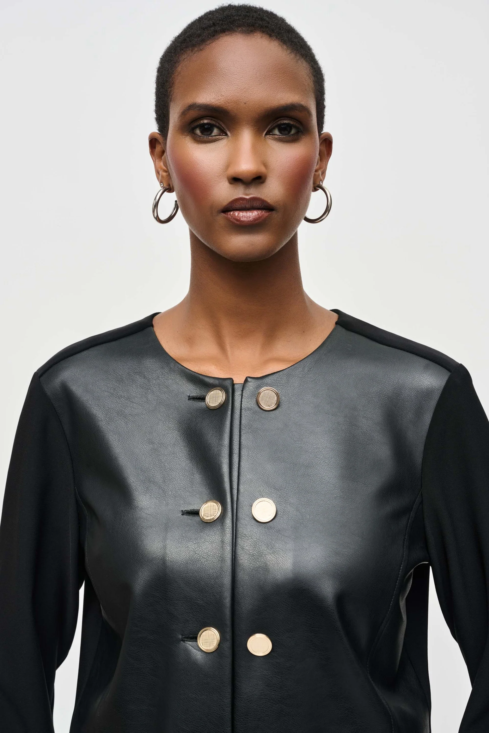 Joseph Ribkoff Black Silky Knit and Leatherette Jacket Style 243240 - Image 3