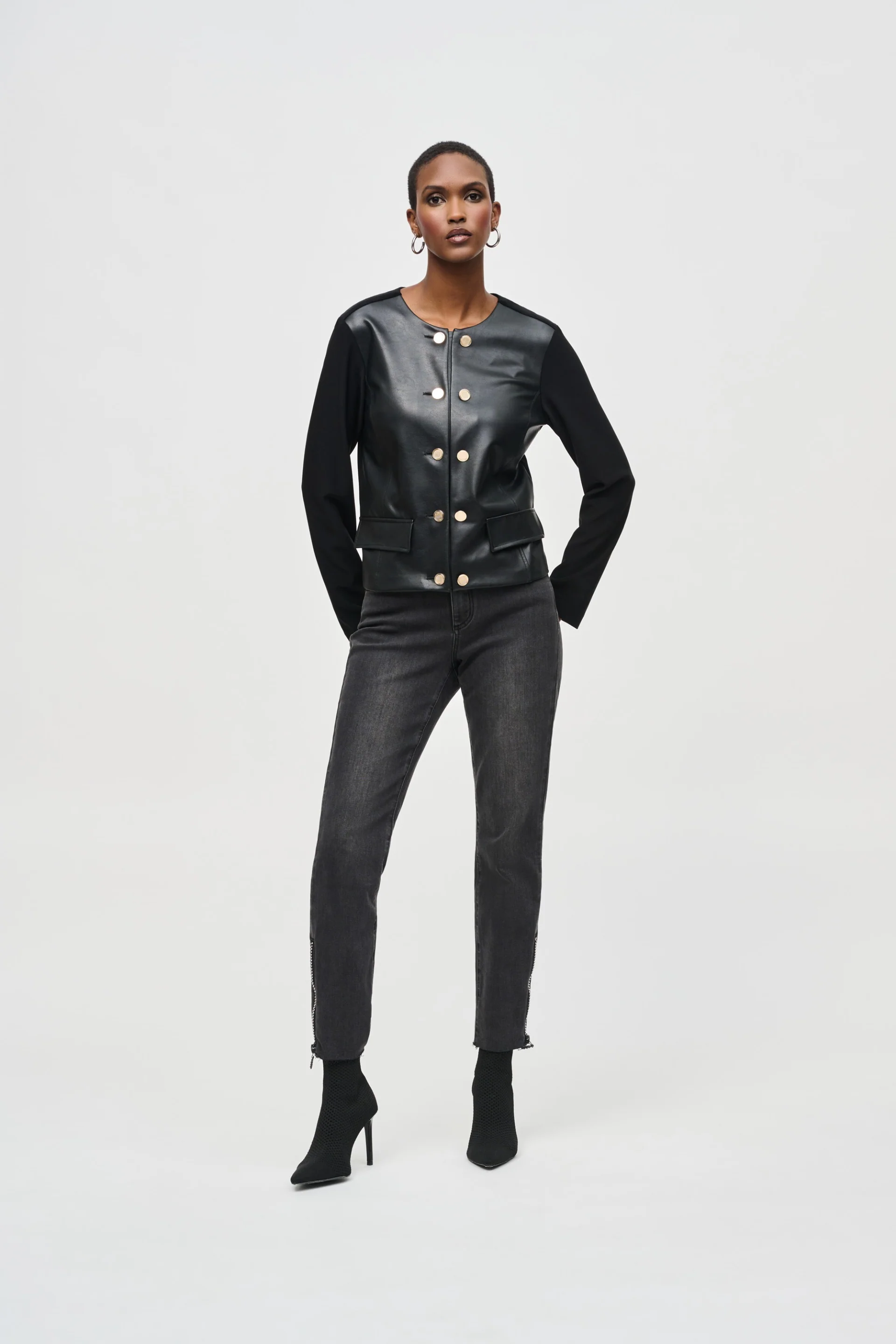 Joseph Ribkoff Black Silky Knit and Leatherette Jacket Style 243240 - Image 4