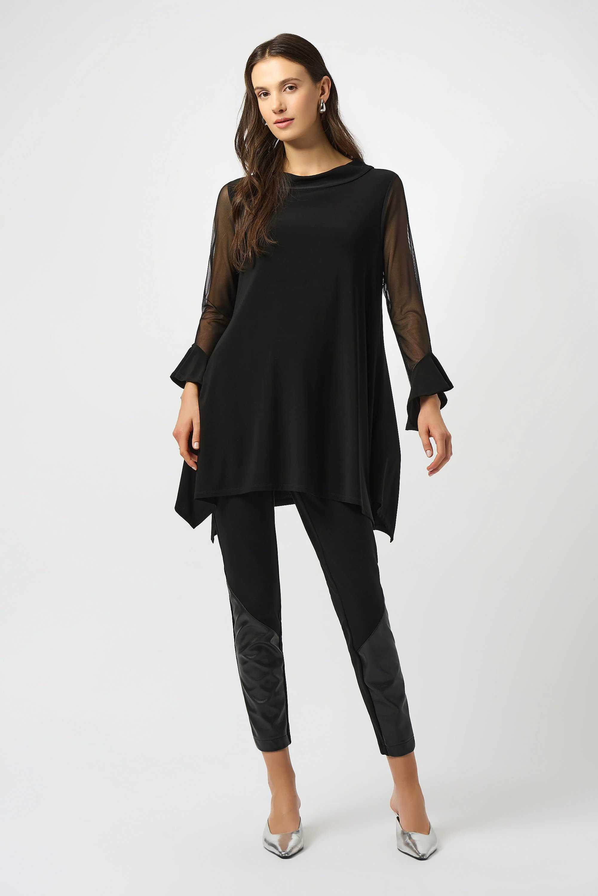 Joseph Ribkoff Black Silky Knit and Mesh Handkerchief Tunic Style 253057 - Image 3