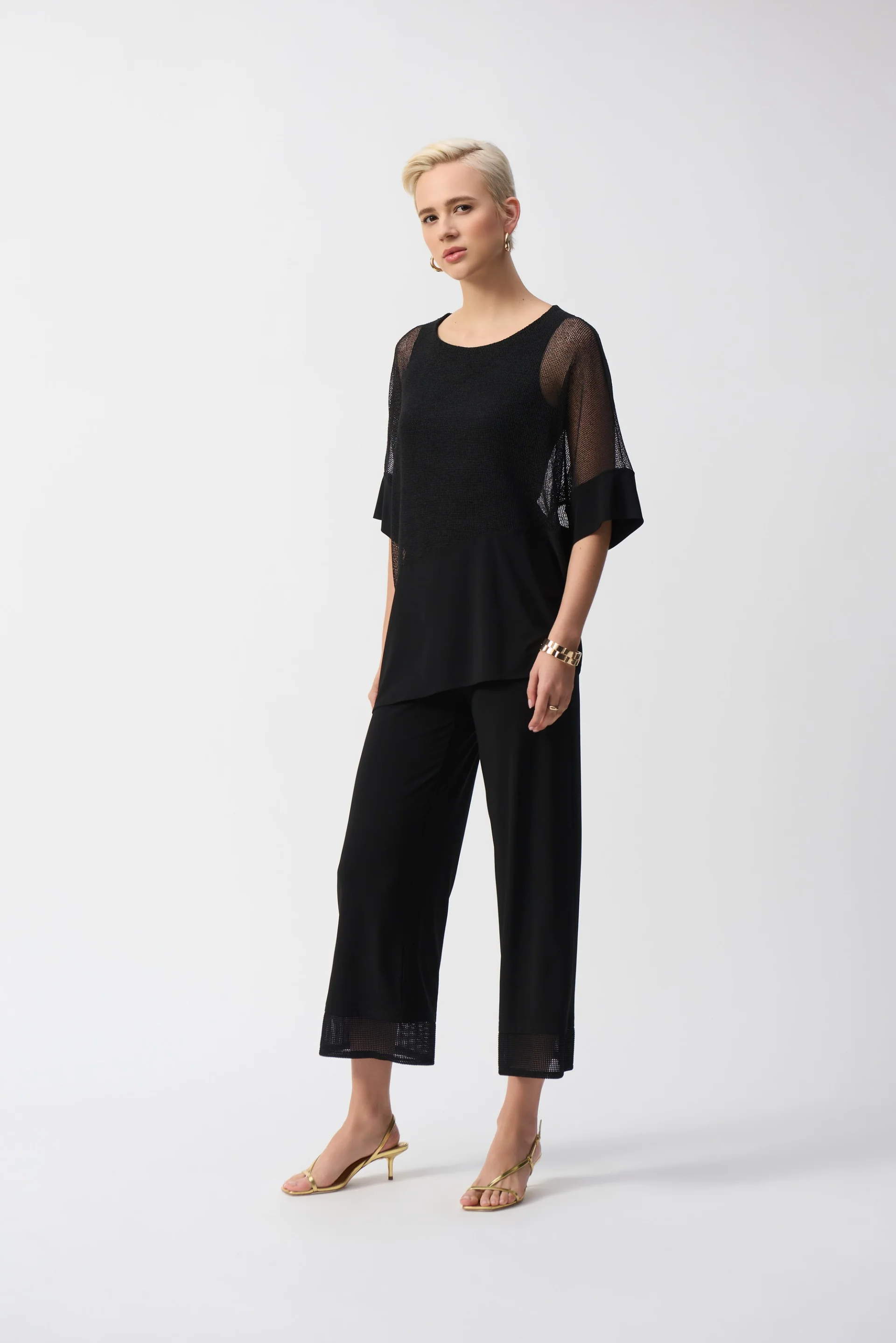 Joseph Ribkoff Black Silky Knit Culotte Pants With Mesh Detail Style 251187 - Image 4