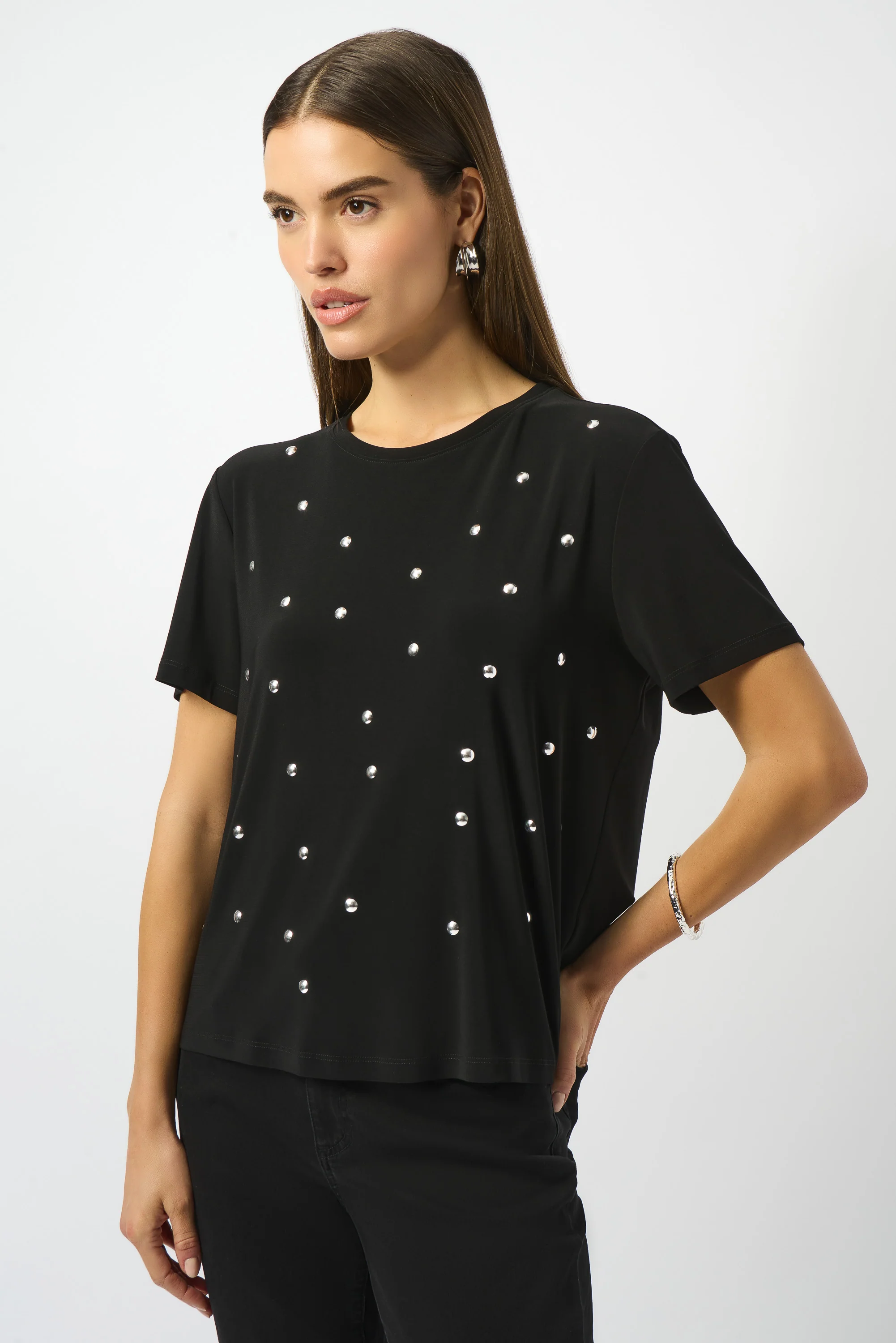 Joseph Ribkoff Black Silky Knit Embellished Boxy T-Shirt Style 253203
