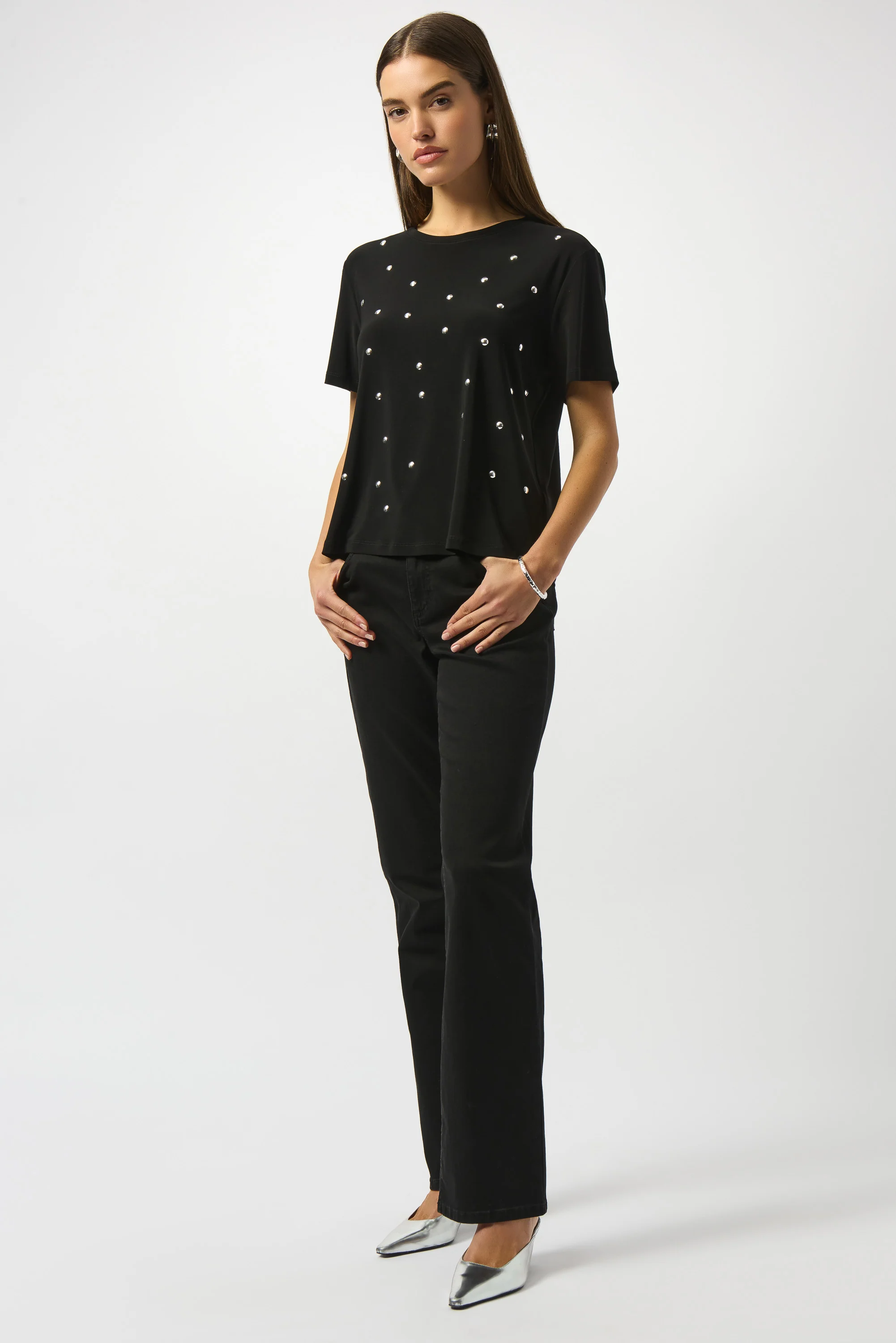 Joseph Ribkoff Black Silky Knit Embellished Boxy T-Shirt Style 253203 - Image 2