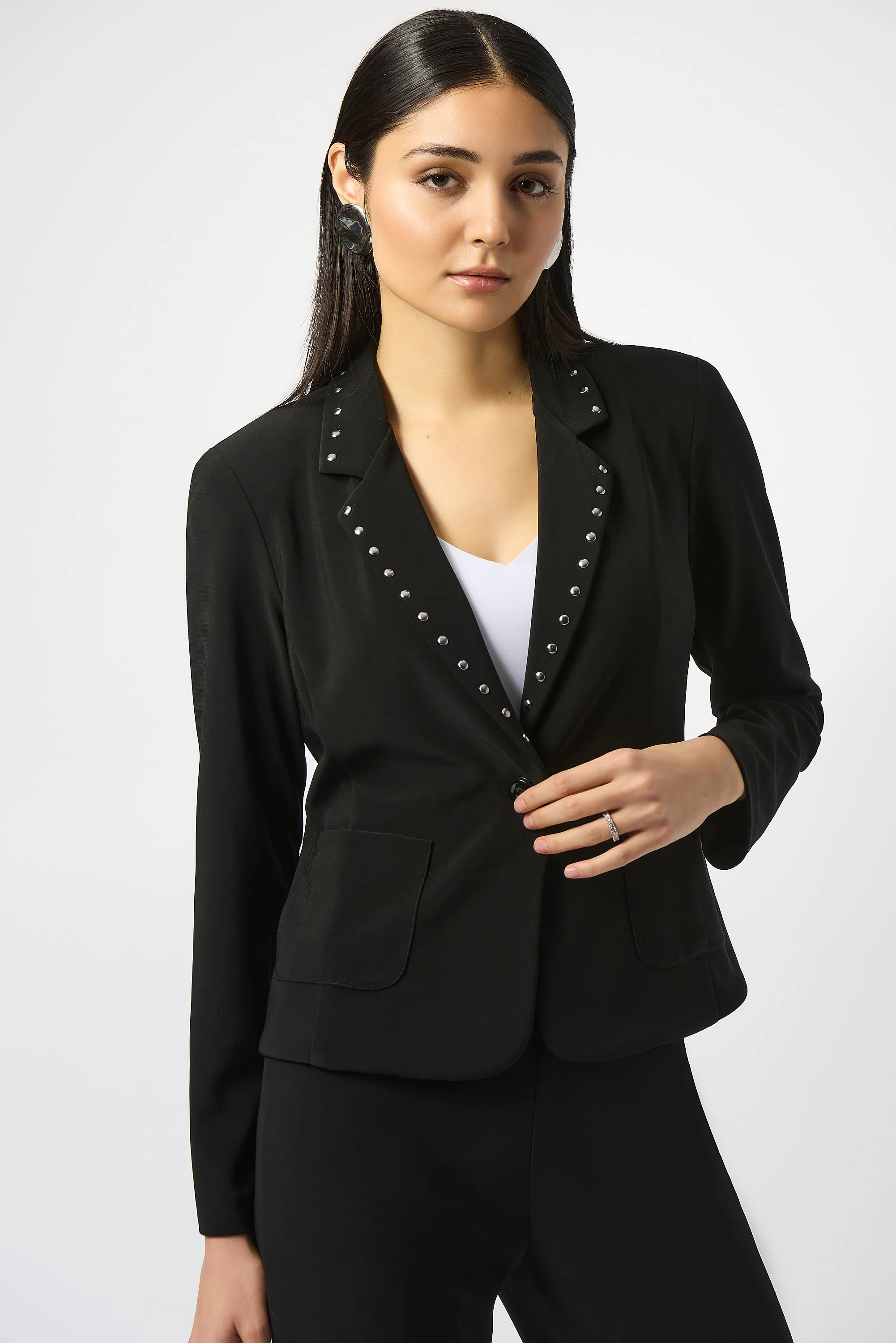 Joseph Ribkoff Black Silky Knit Fitted Blazer With Studs Style 253195