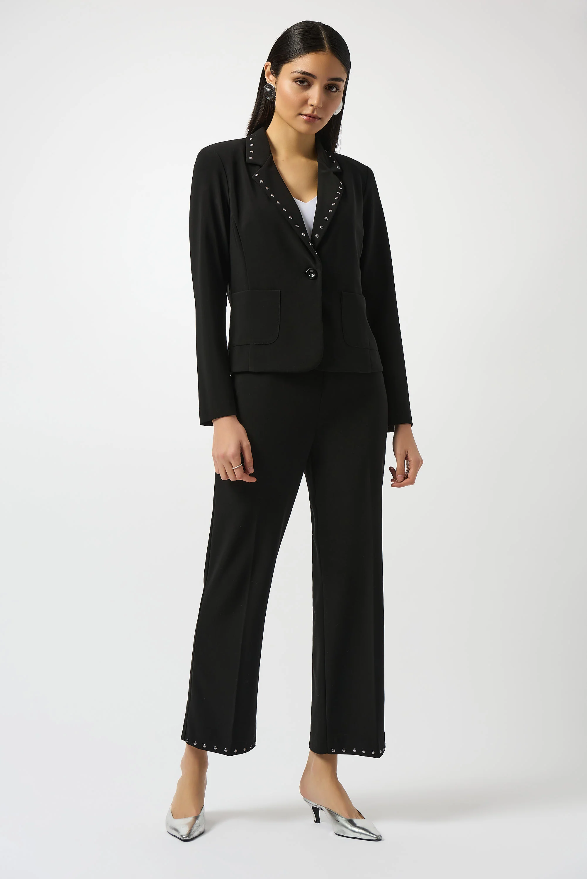 Joseph Ribkoff Black Silky Knit Fitted Blazer With Studs Style 253195 - Image 2