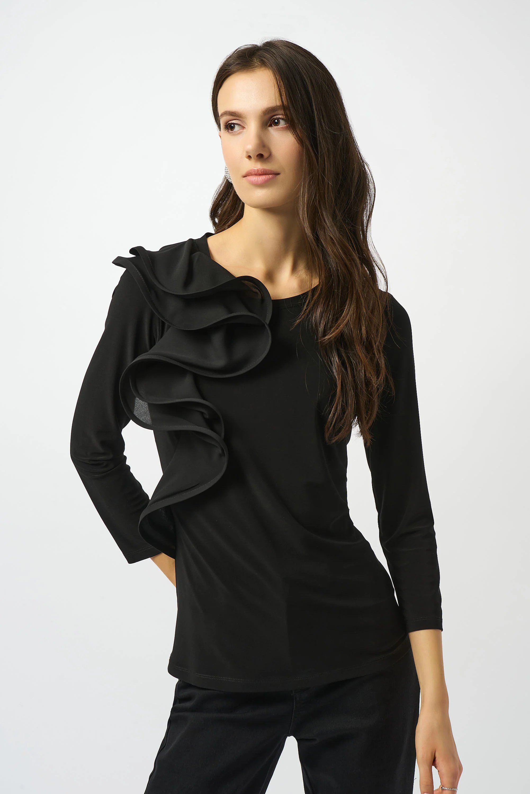 Joseph Ribkoff Black Silky Knit Fitted Ruffled Top Style 253047