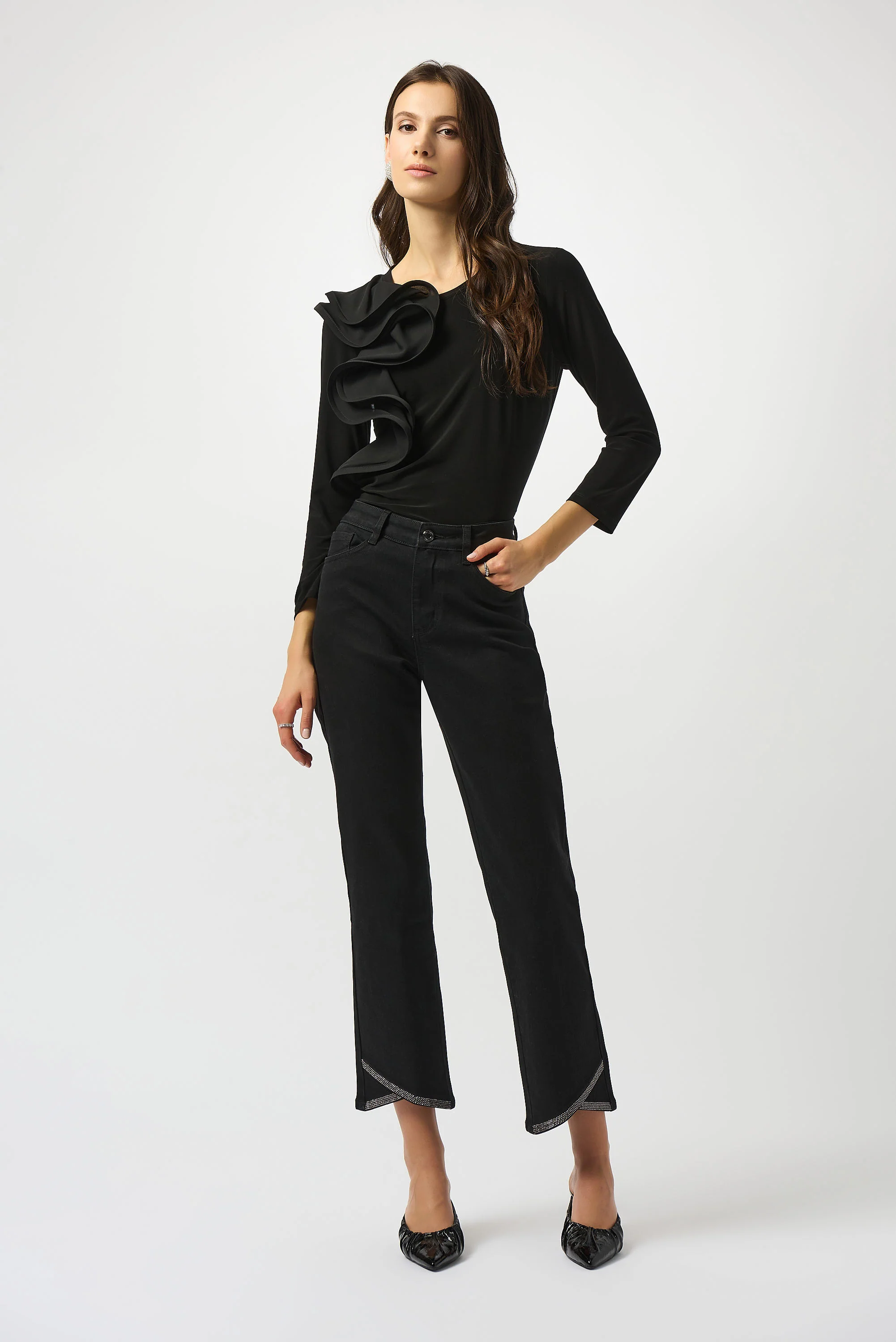 Joseph Ribkoff Black Silky Knit Fitted Ruffled Top Style 253047 - Image 2