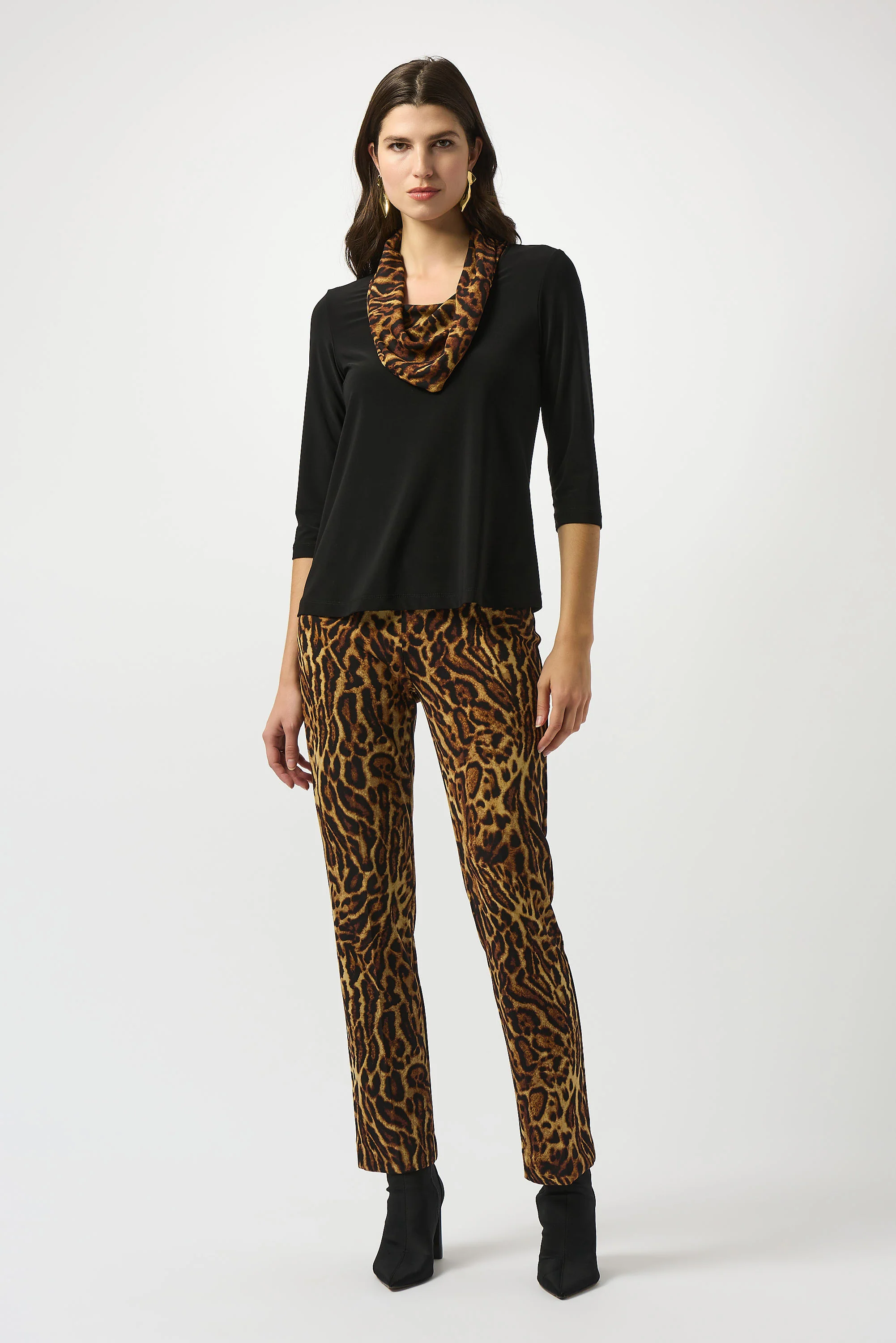 Joseph Ribkoff Black/Brown Silky Knit Animal Print Collar Style 253222 - Image 2