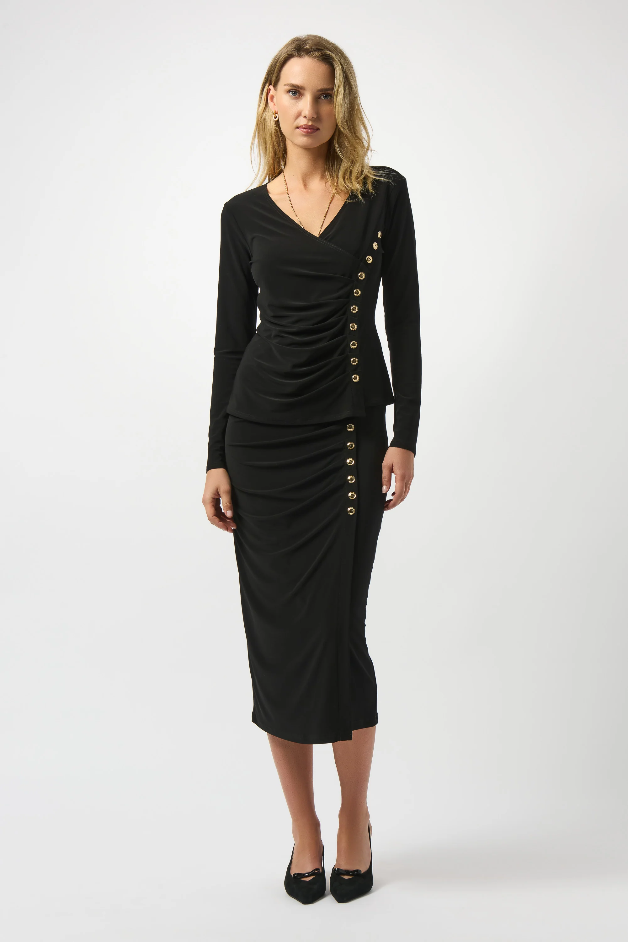 Joseph Ribkoff Black Silky Knit Fitted Wrap Top Style 253140 - Image 3