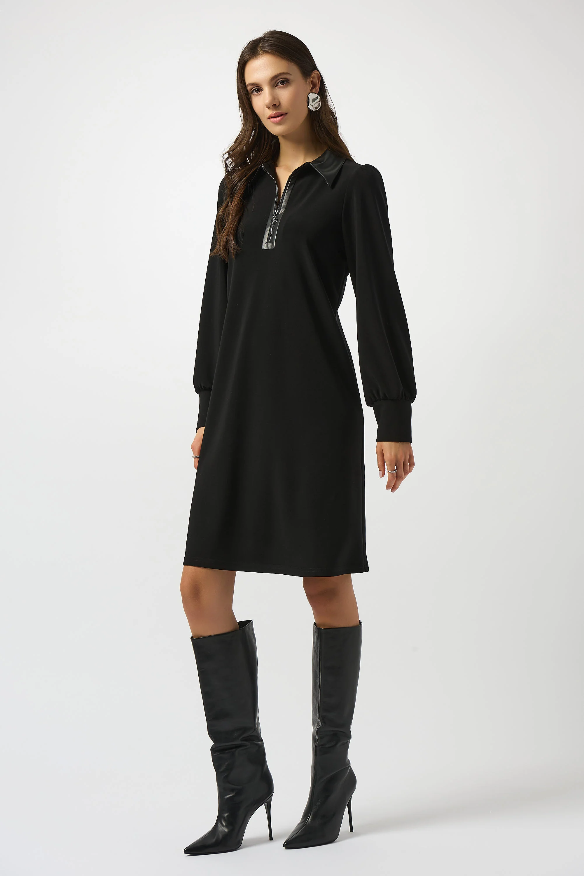 Joseph Ribkoff Black Silky Knit & Leatherette Trapeze Dress Style 253164