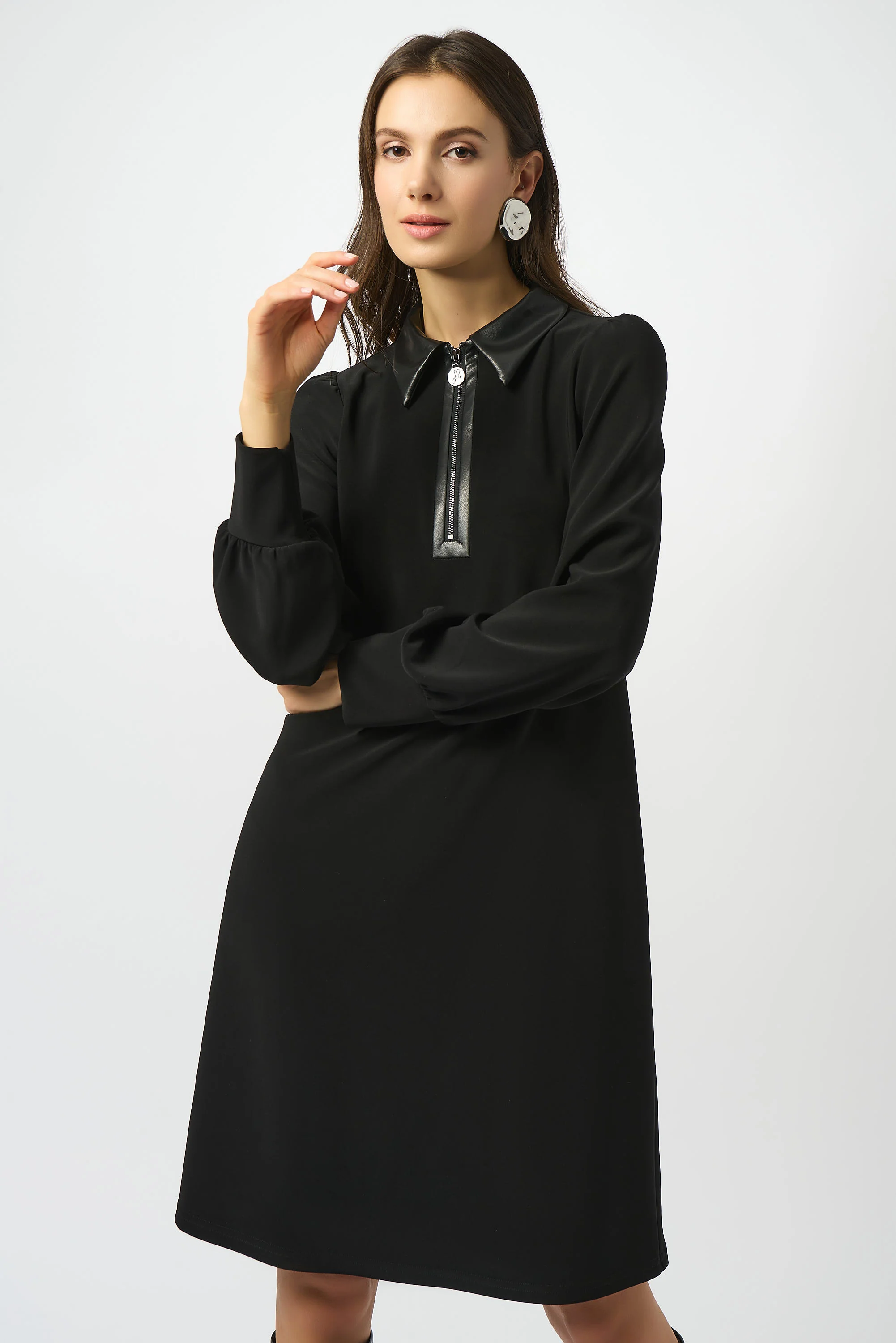 Joseph Ribkoff Black Silky Knit & Leatherette Trapeze Dress Style 253164 - Image 2