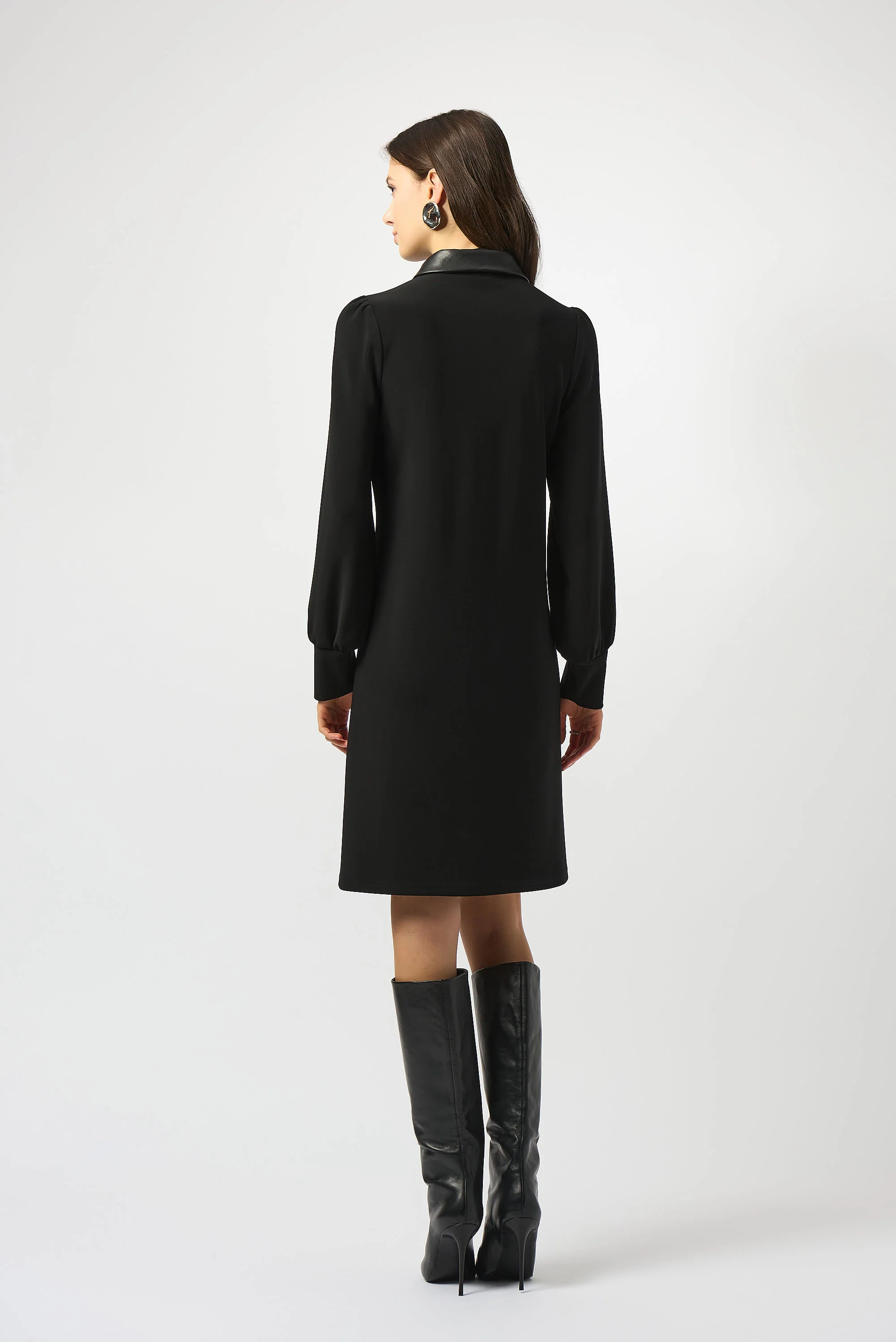 Joseph Ribkoff Black Silky Knit & Leatherette Trapeze Dress Style 253164 - Image 4