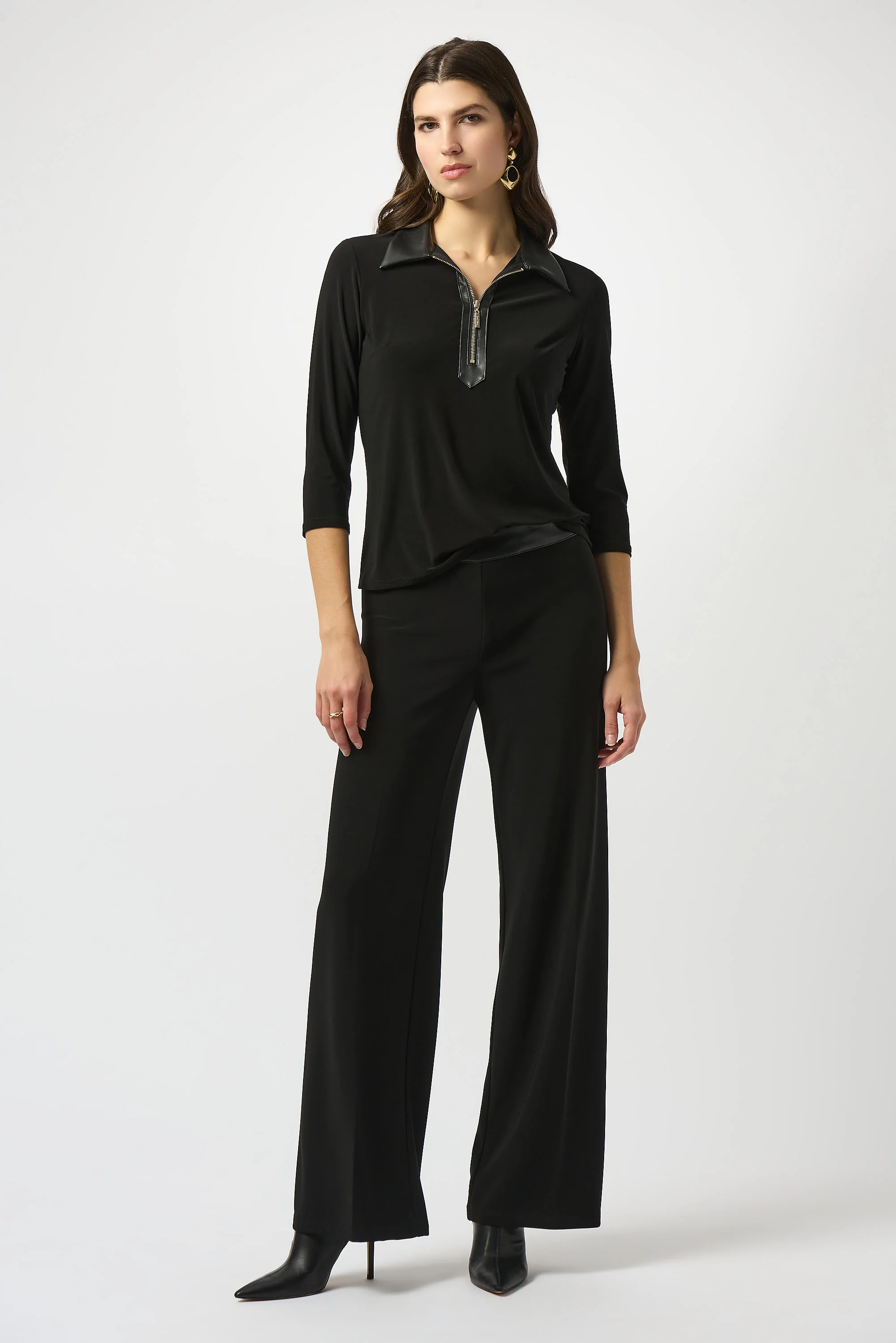 Joseph Ribkoff Black Silky Knit & Leatherette Wide-Leg Pants Style 253114 - Image 3