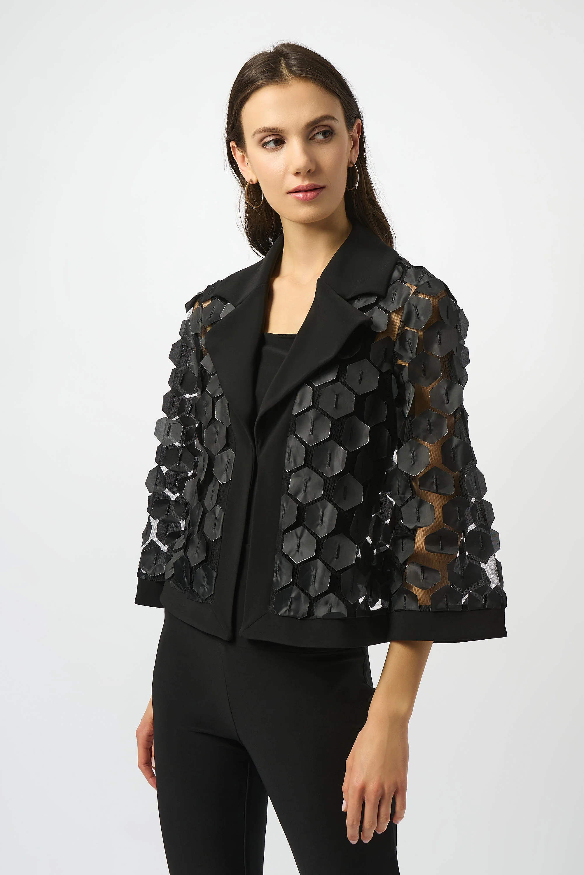 Joseph Ribkoff Black/Silver Embroidered Mesh & Silky Knit Trapeze Jacket Style 253089