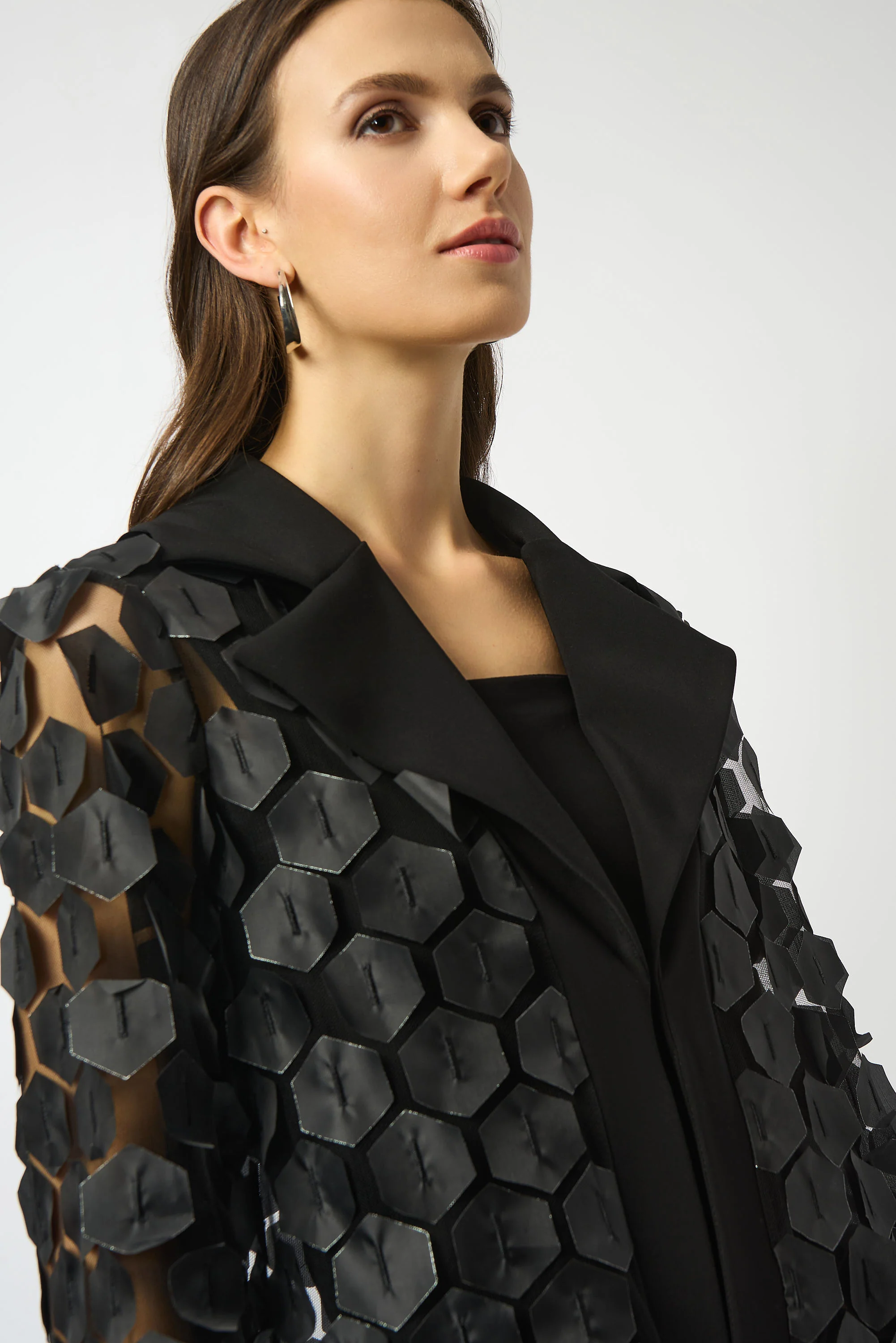 Joseph Ribkoff Black/Silver Embroidered Mesh & Silky Knit Trapeze Jacket Style 253089 - Image 2