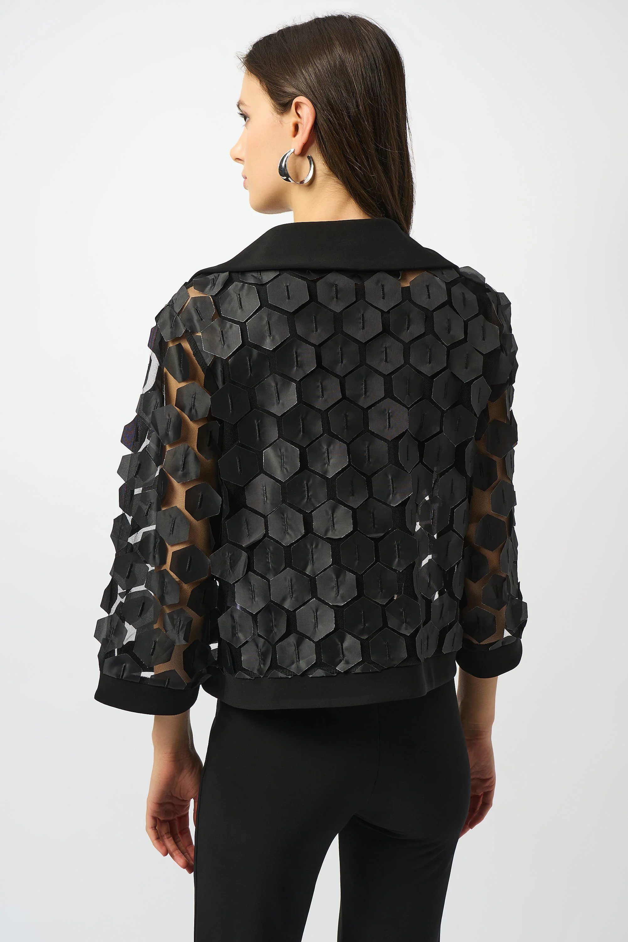 Joseph Ribkoff Black/Silver Embroidered Mesh & Silky Knit Trapeze Jacket Style 253089 - Image 3