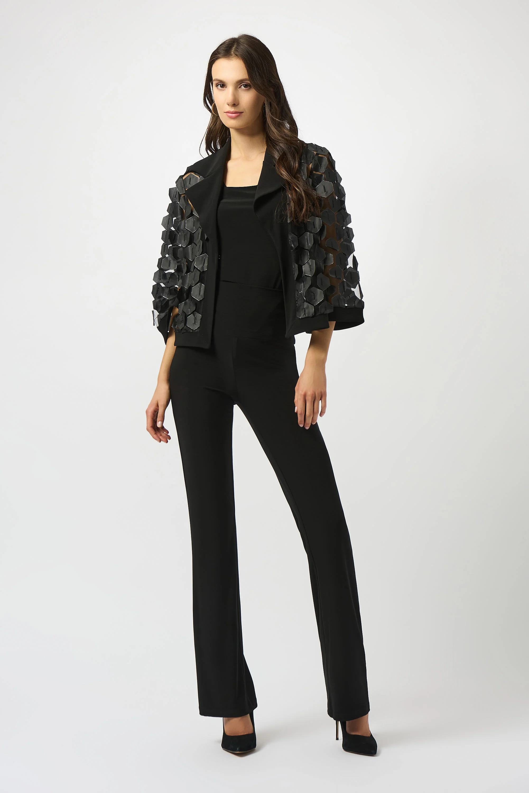 Joseph Ribkoff Black/Silver Embroidered Mesh & Silky Knit Trapeze Jacket Style 253089 - Image 4