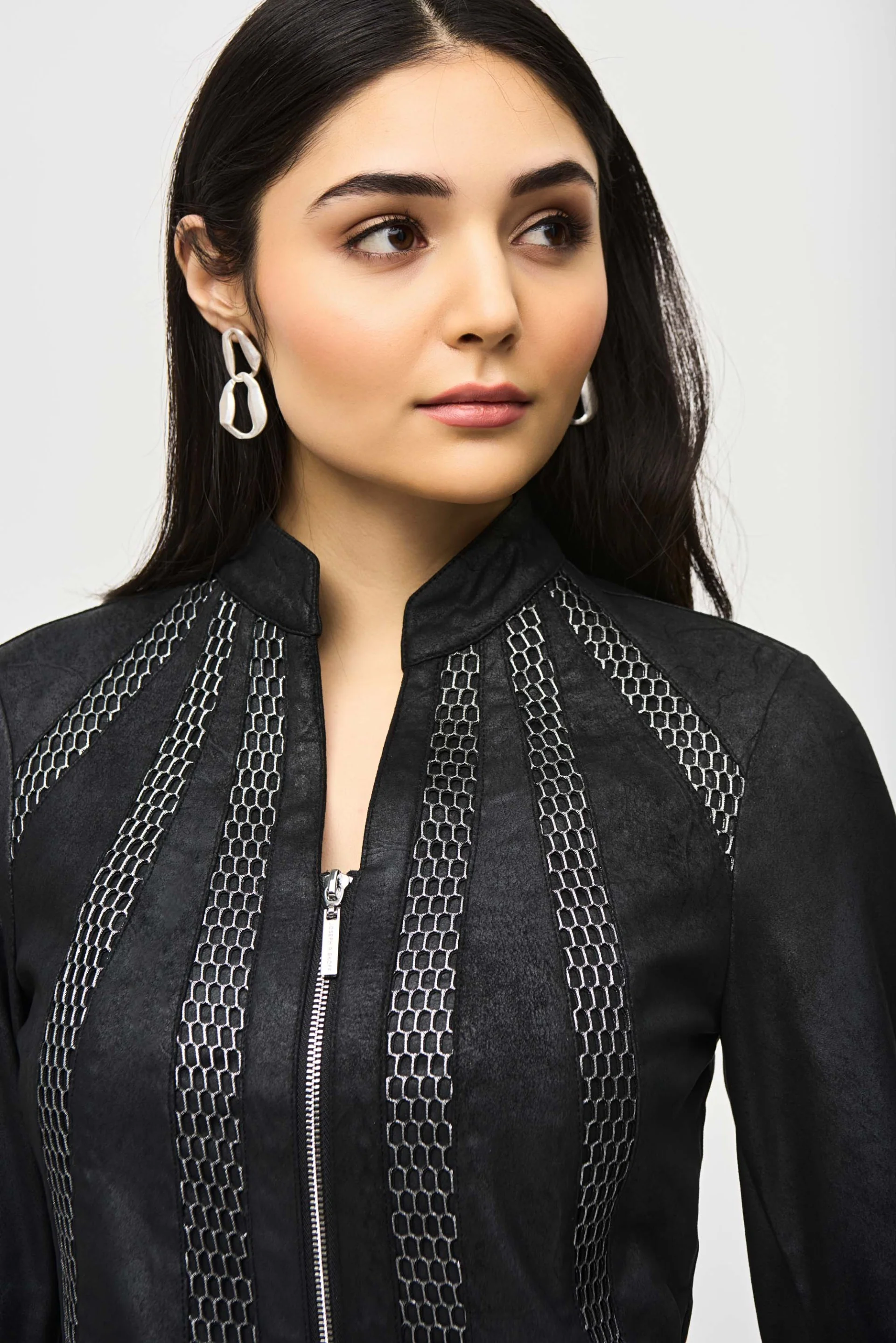 Joseph Ribkoff Black/Silver Faux Suede Jacket With Metallic Mesh Detail Style 243972 - Image 2