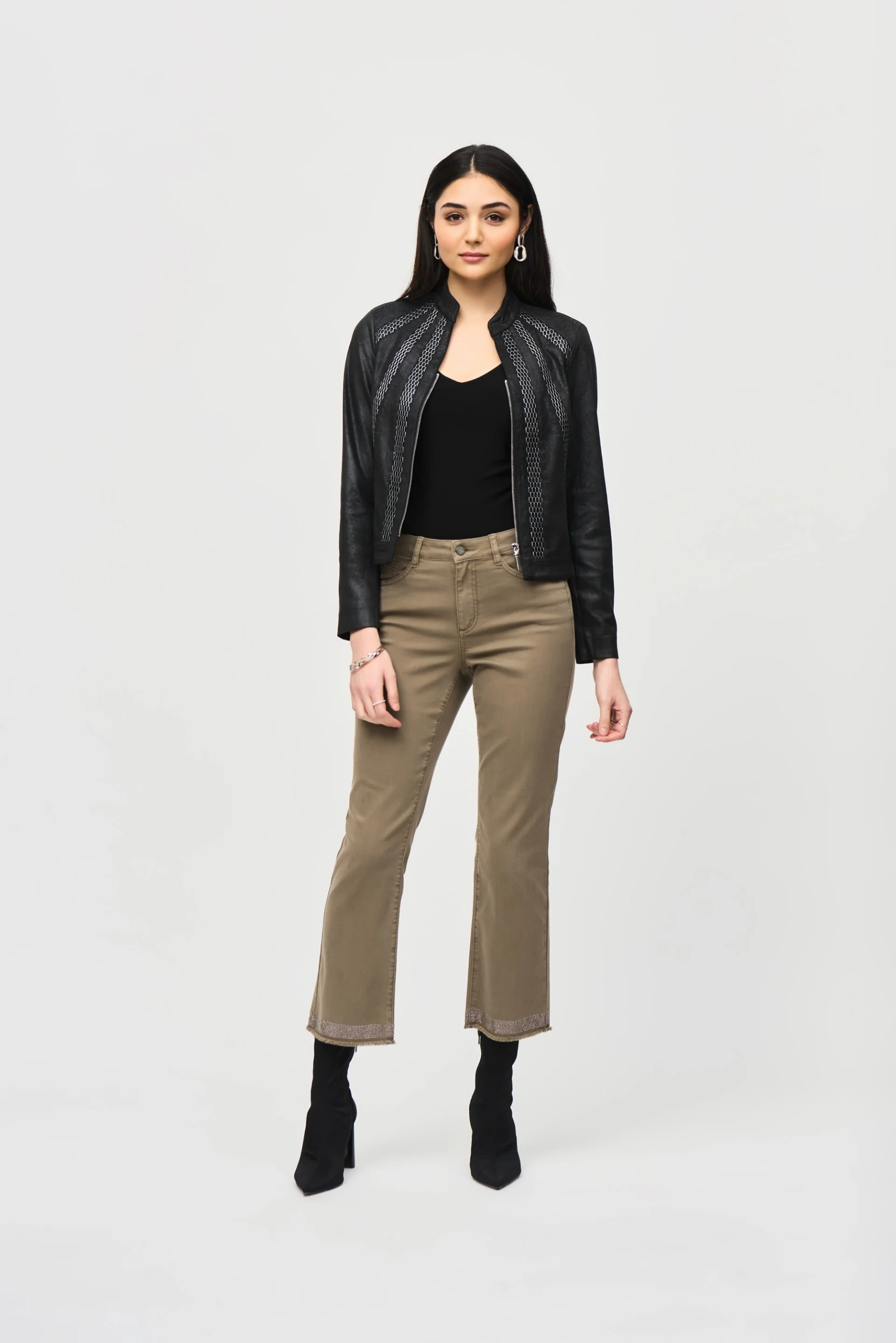 Joseph Ribkoff Black/Silver Faux Suede Jacket With Metallic Mesh Detail Style 243972 - Image 4