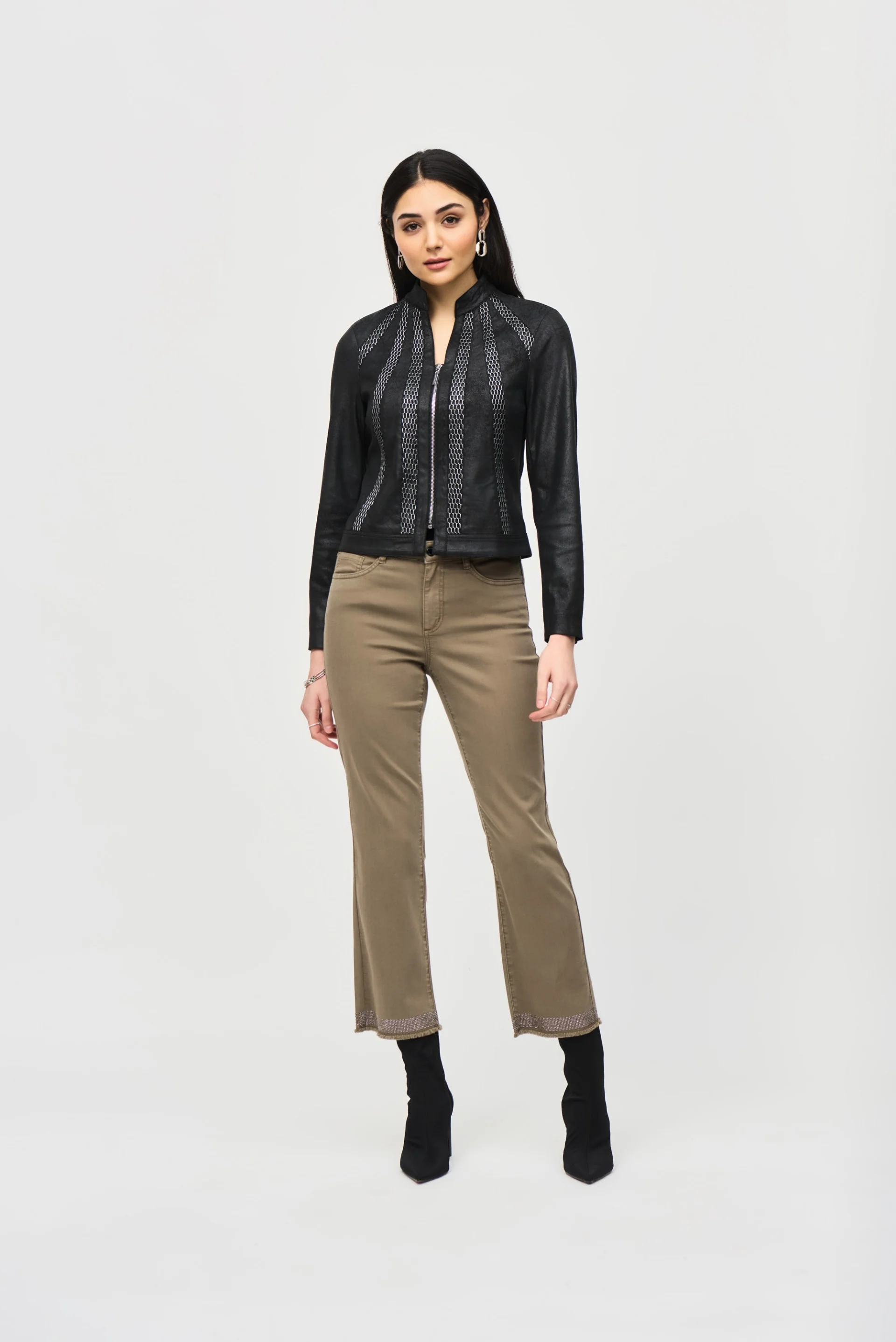 Joseph Ribkoff Black/Silver Faux Suede Jacket With Metallic Mesh Detail Style 243972 - Image 5