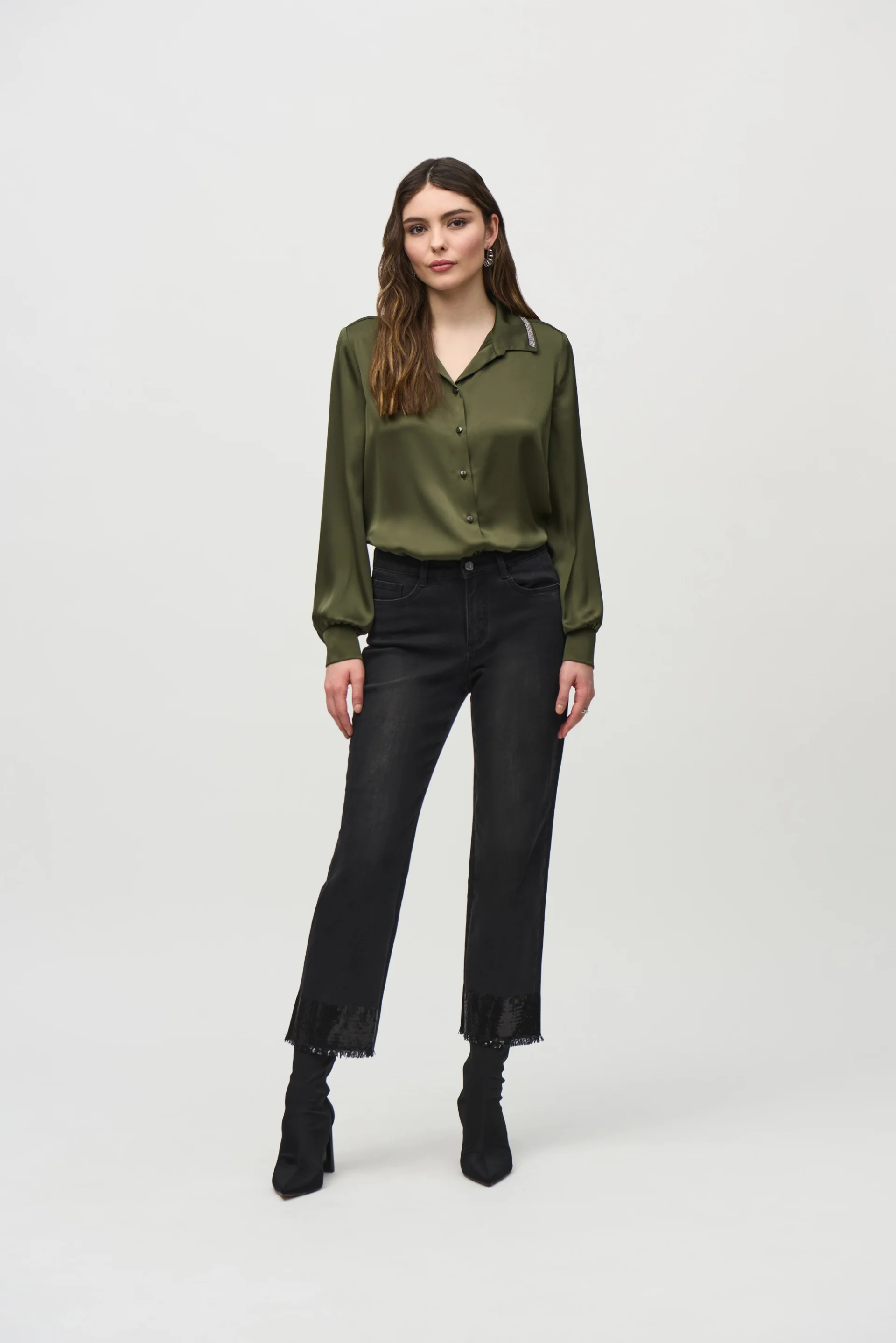 Joseph Ribkoff Black Straight Crop Denim Pants with Sequin Trim Style 244948 - Image 2