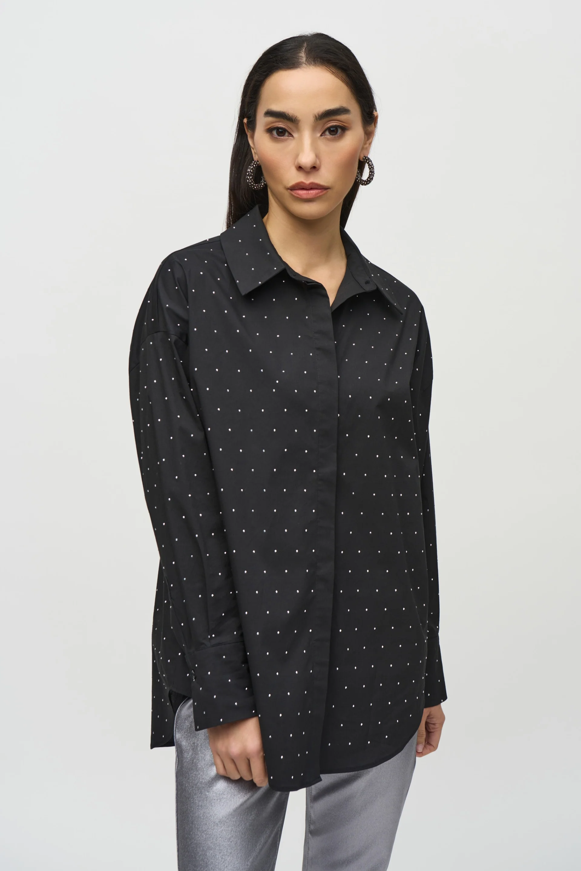 Joseph Ribkoff Black Stretch Cotton Blouse With Rhinestones Style 244950 - Image 3