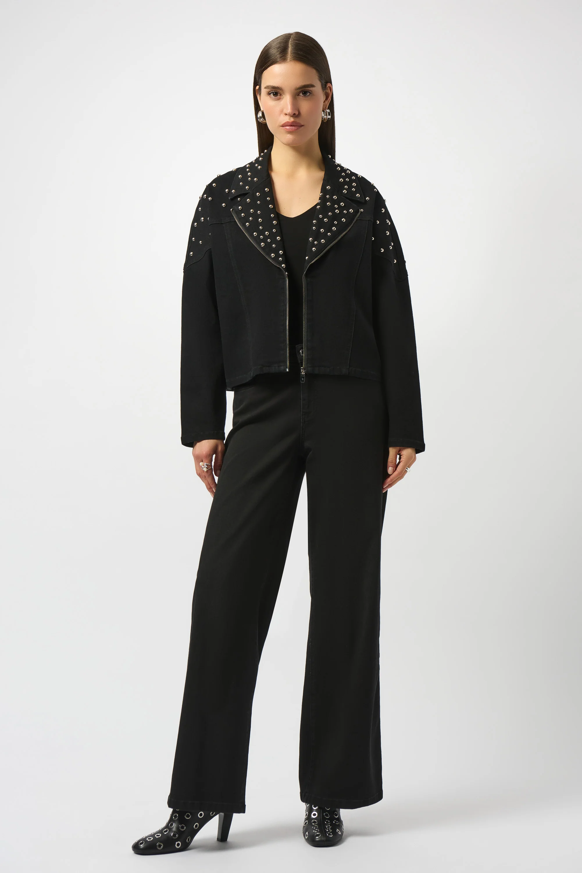 Joseph Ribkoff Black Stretch Denim Jacket With Stud Detailing Style 253947 - Image 2