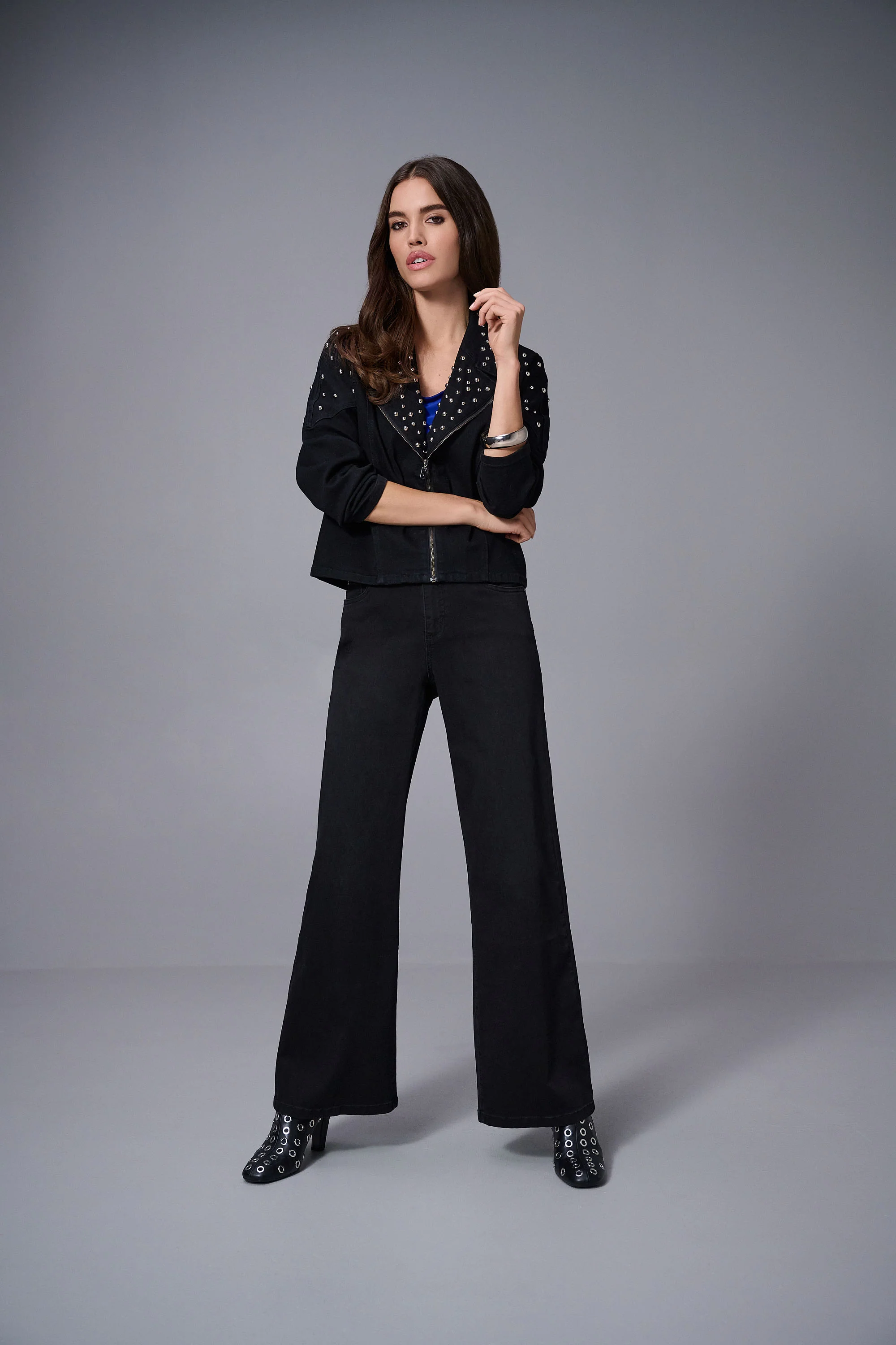 Joseph Ribkoff Black Stretch Denim Jacket With Stud Detailing Style 253947 - Image 3