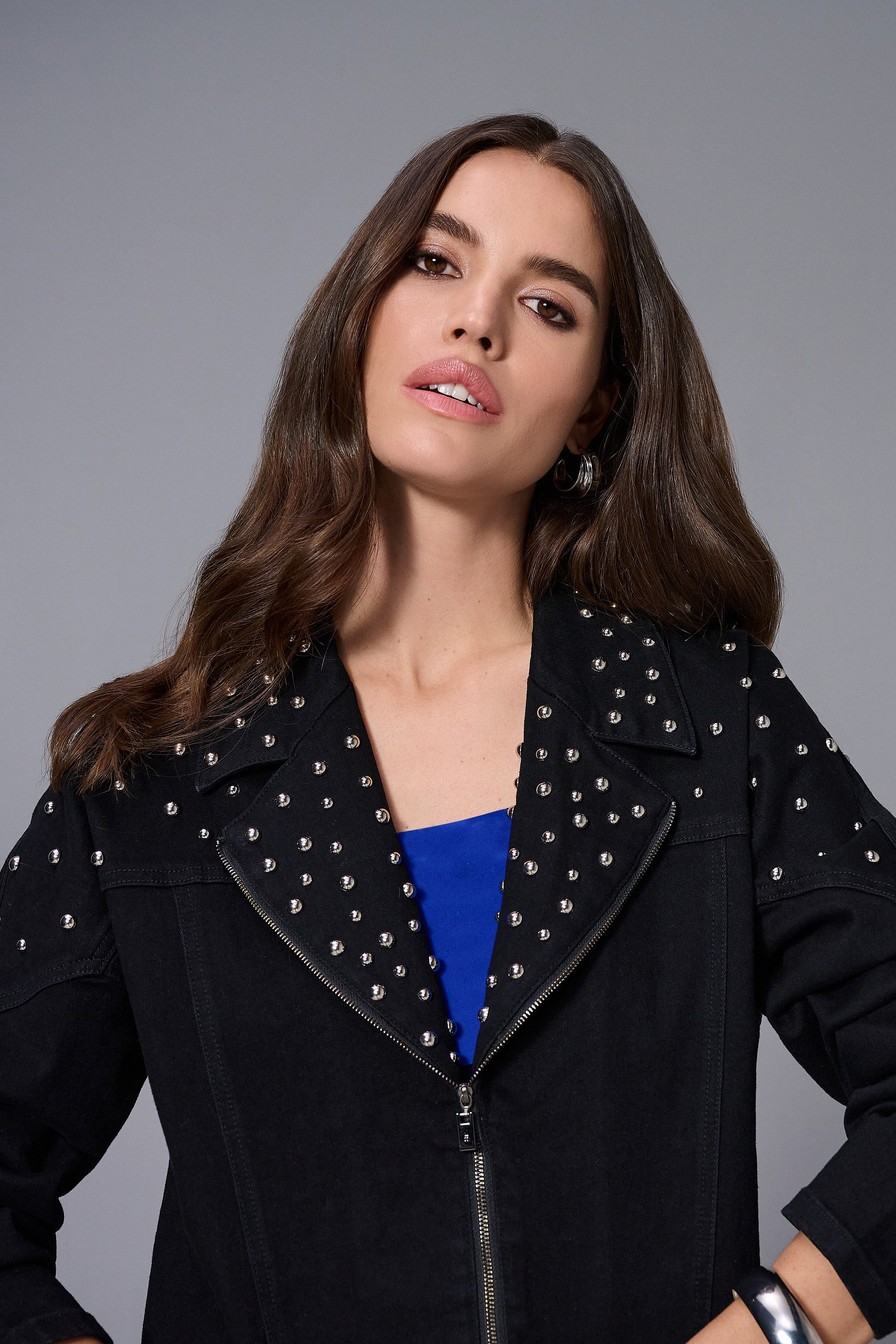 Joseph Ribkoff Black Stretch Denim Jacket With Stud Detailing Style 253947 - Image 4