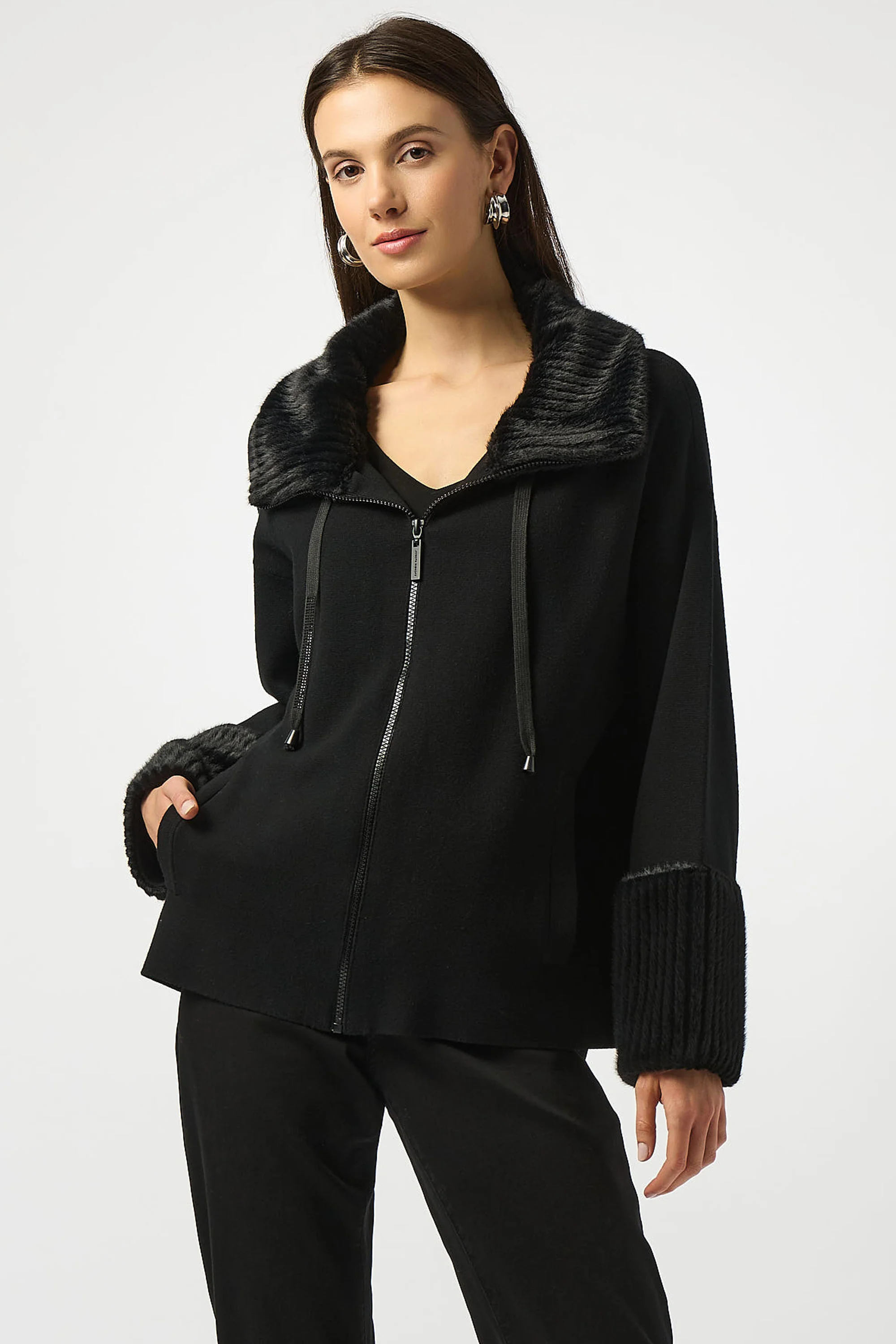 Joseph Ribkoff Sweater Knit Coat With Fur Trim Style 253905 - Image 5