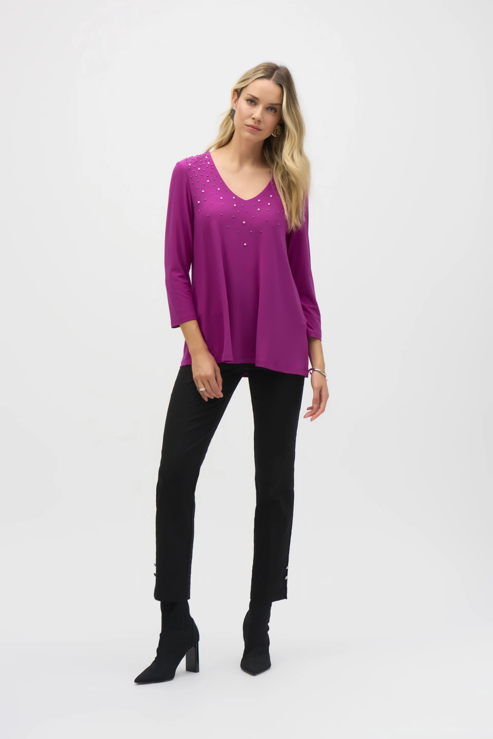 Joseph Ribkoff Black Textured Jacquard Pull-On Pants Style 243129 - Image 3