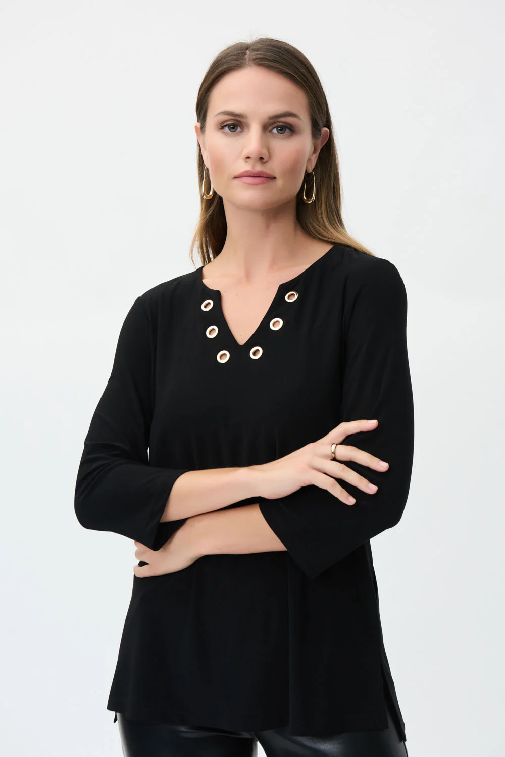 Joseph Ribkoff Black Stone Grommet Neckline Top Style 223283