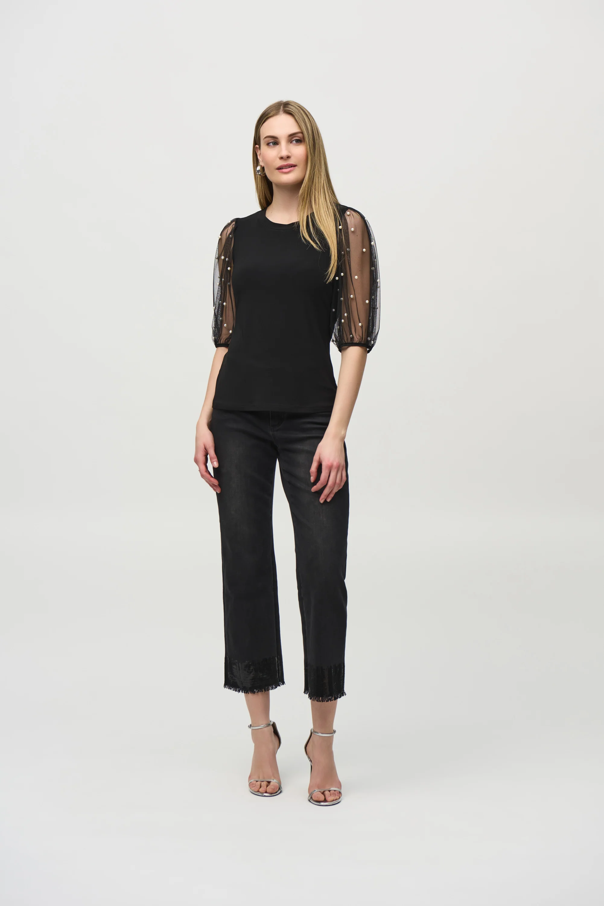 Joseph Ribkoff Black Top With Embellished Mesh Sleeves Style 244189 - Image 2