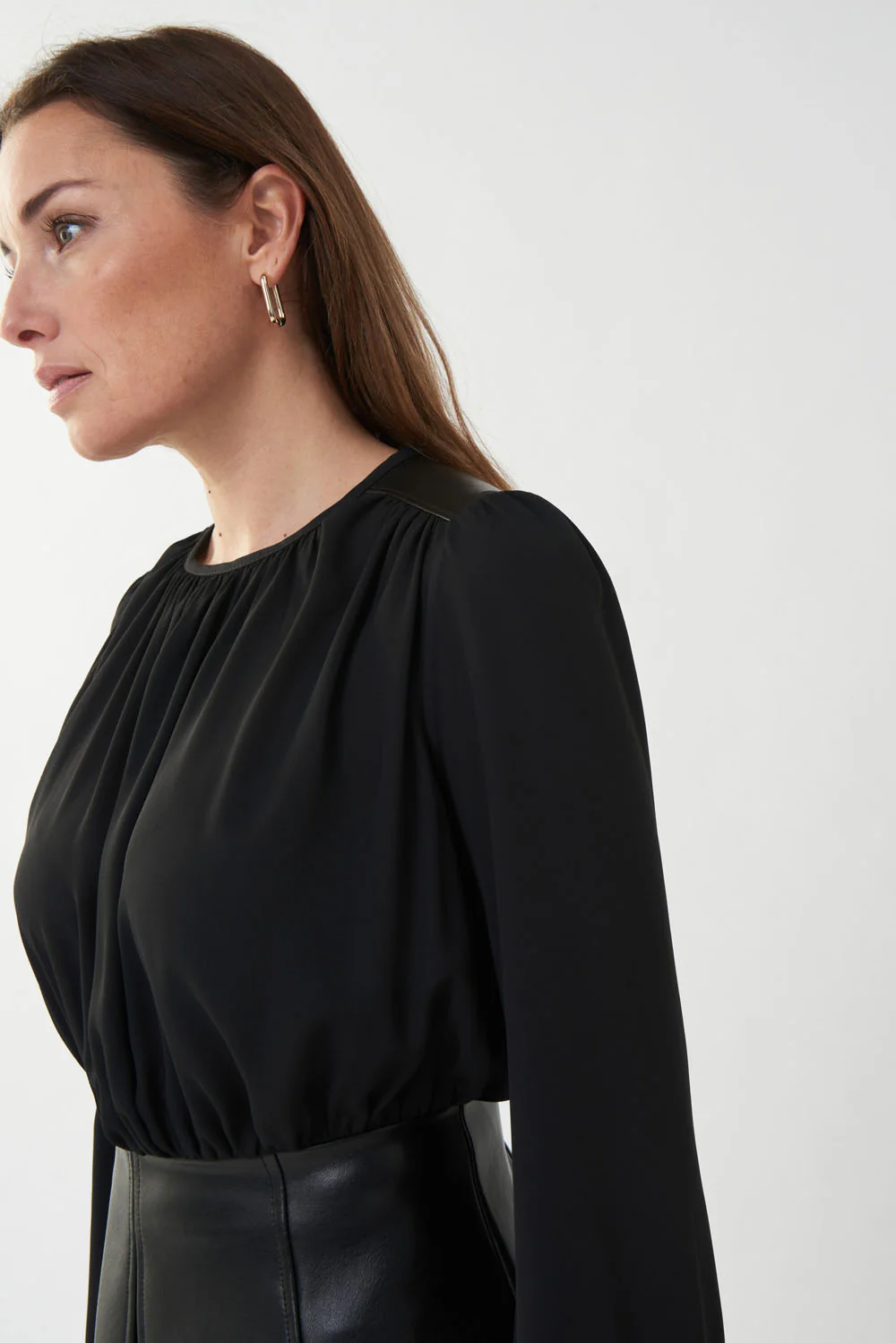 Joseph Ribkoff Black Top with Faux Leather Trim Style 223301 - Image 2