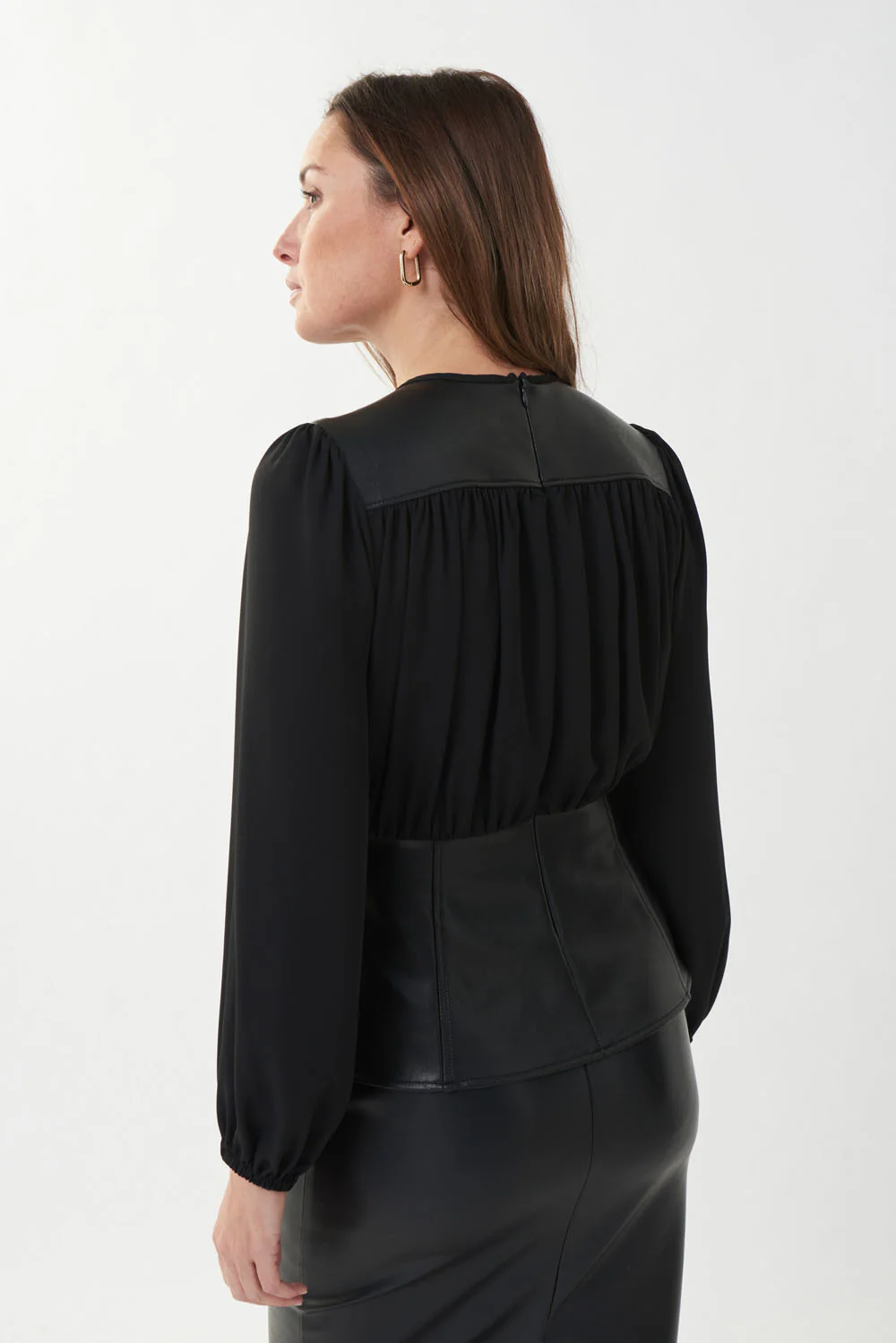 Joseph Ribkoff Black Top with Faux Leather Trim Style 223301 - Image 3