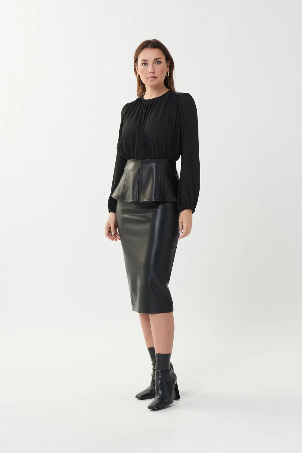 Joseph Ribkoff Black Top with Faux Leather Trim Style 223301 - Image 4