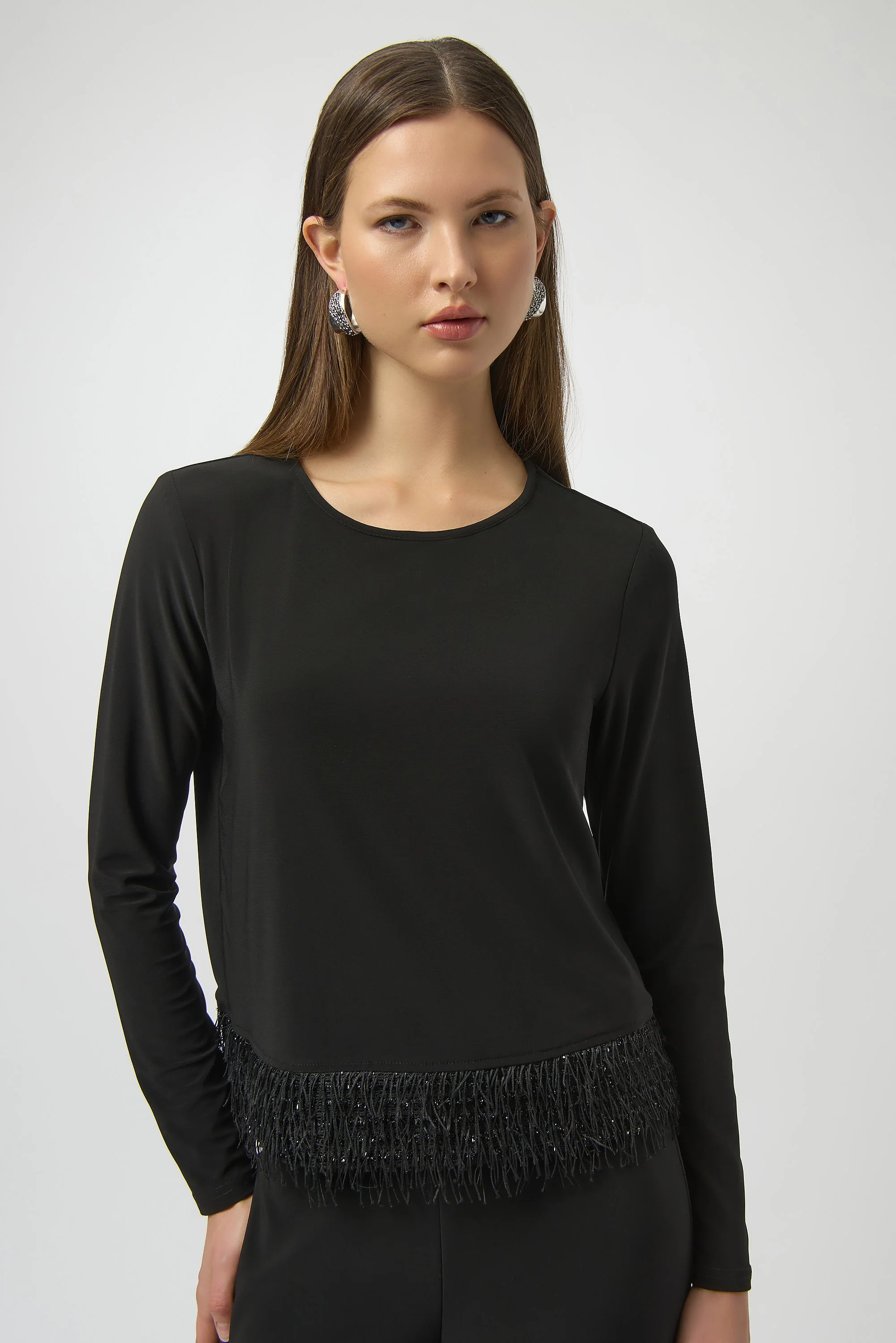 Joseph Ribkoff Black Top with Novelty Fringe Hem Style 254148 - Image 5