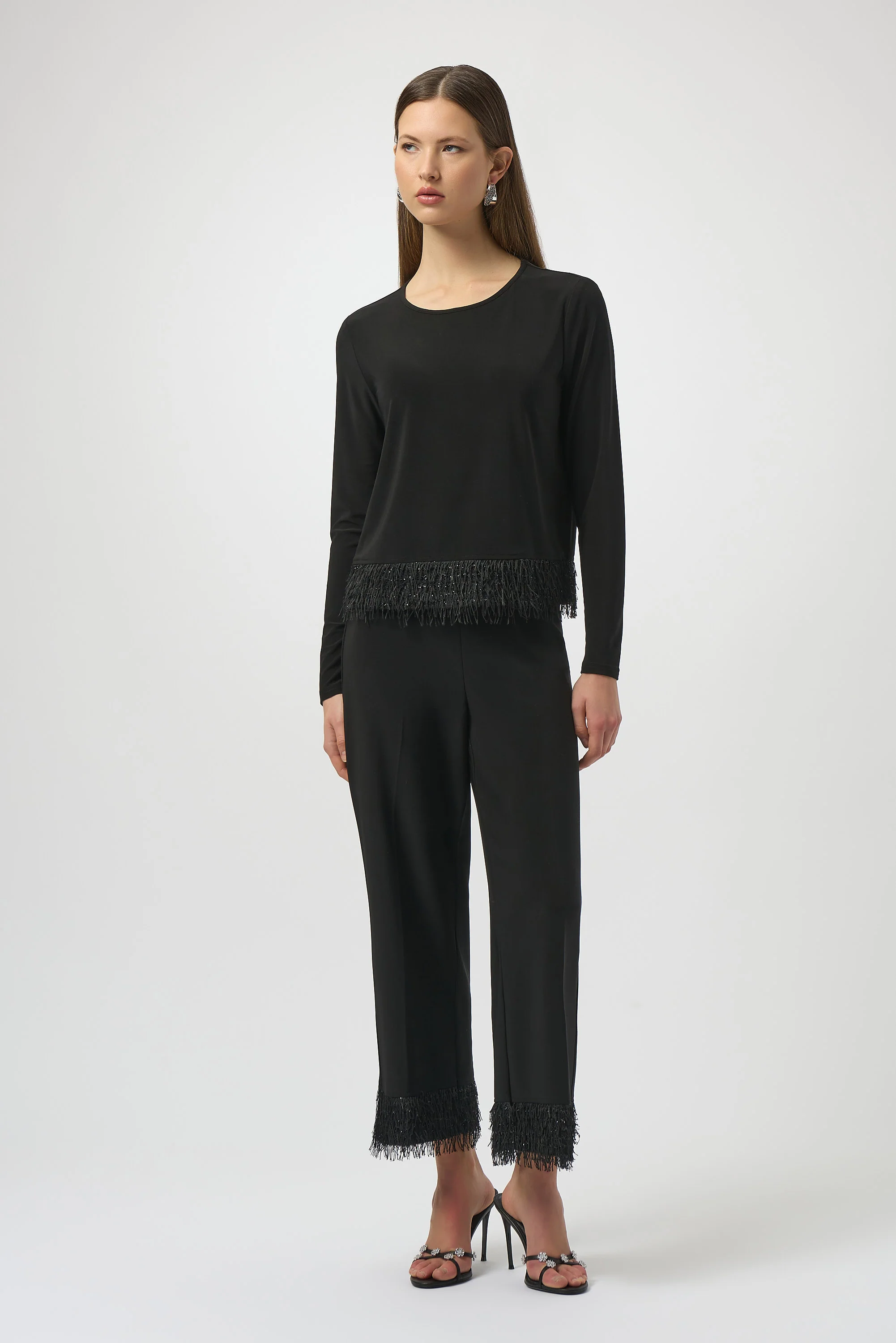 Joseph Ribkoff Black Top with Novelty Fringe Hem Style 254148 - Image 6