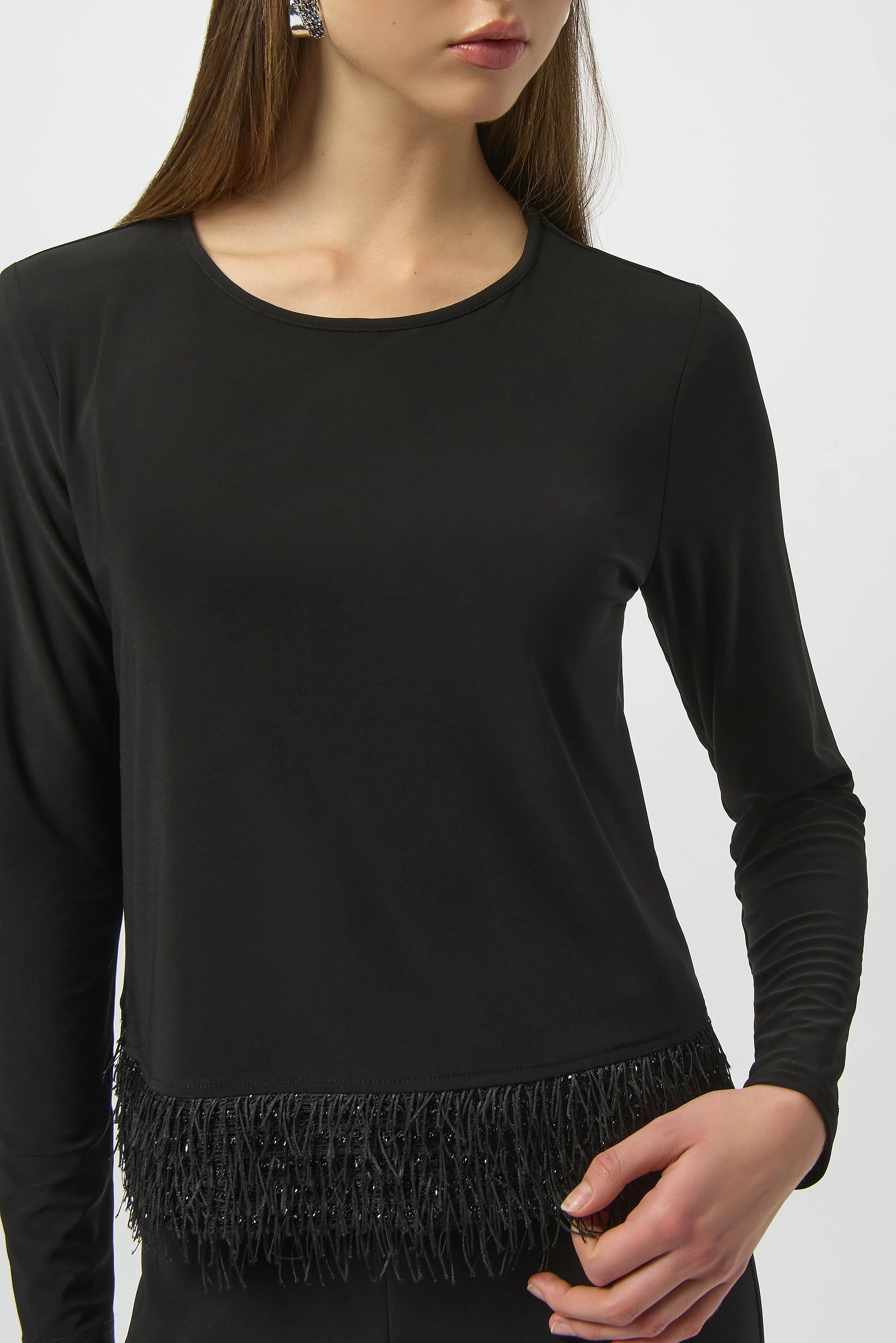 Joseph Ribkoff Black Top with Novelty Fringe Hem Style 254148 - Image 8