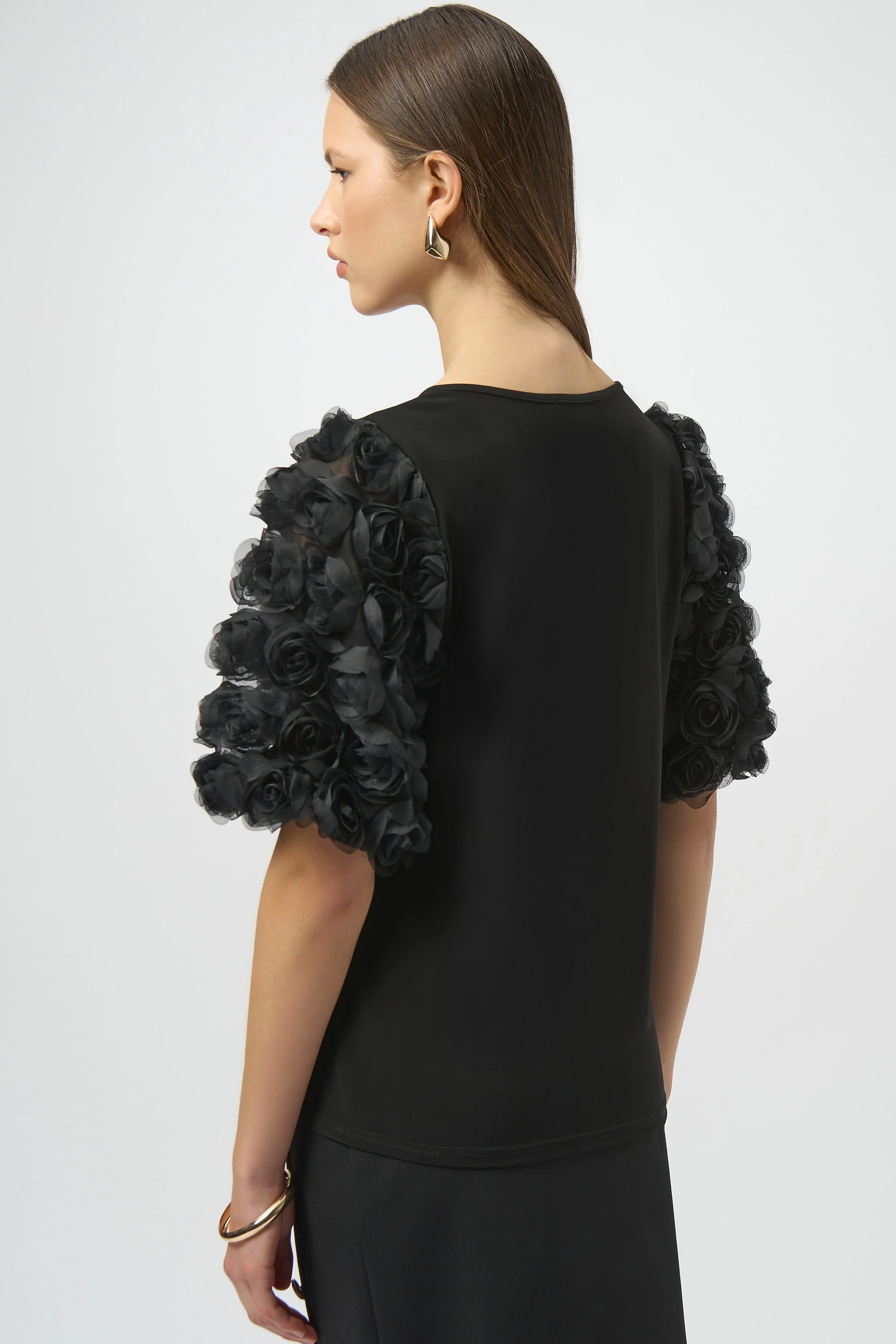 Joseph Ribkoff Black Top With Rosette Embroidered Sleeves Style 254064 - Image 2