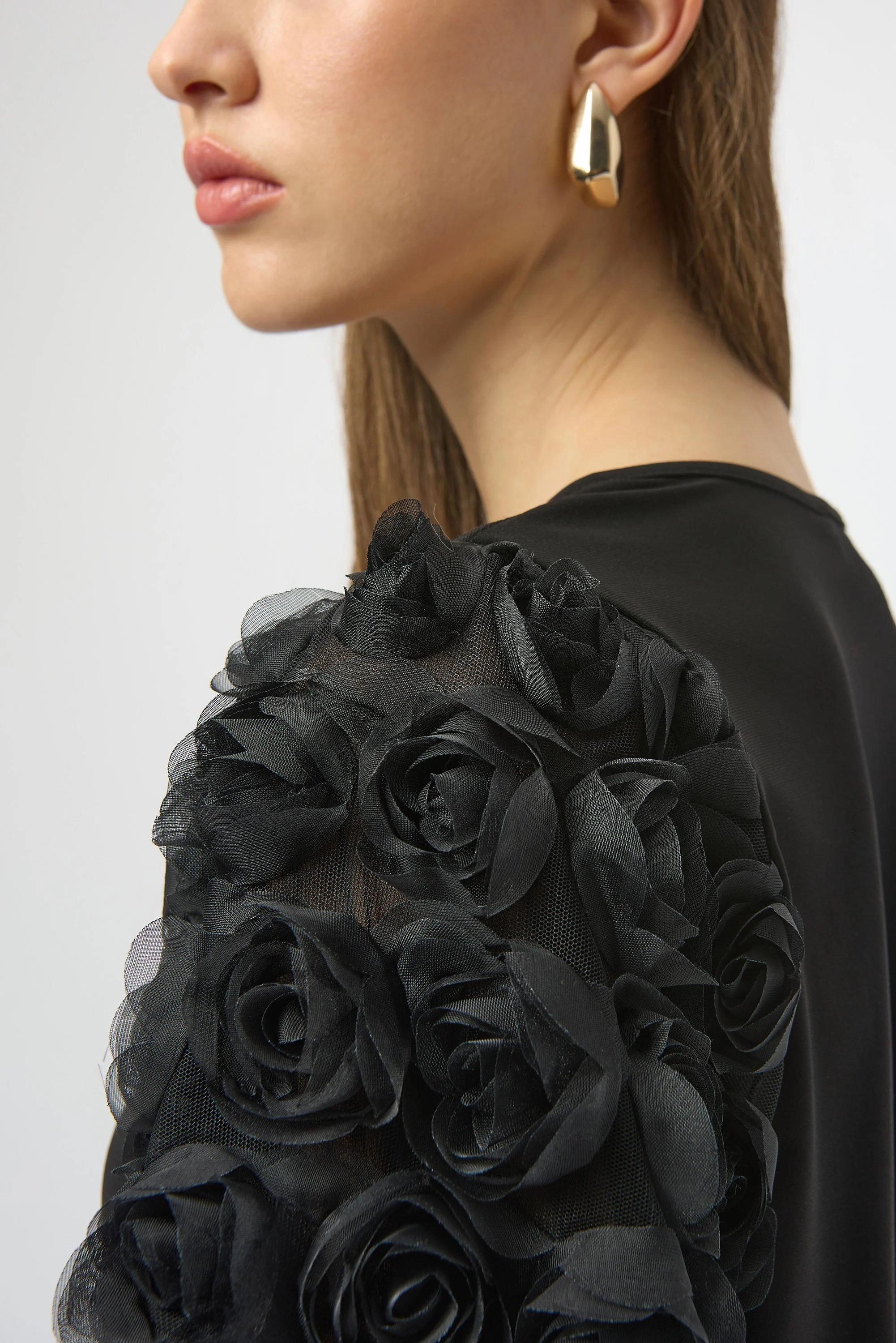 Joseph Ribkoff Black Top With Rosette Embroidered Sleeves Style 254064 - Image 3