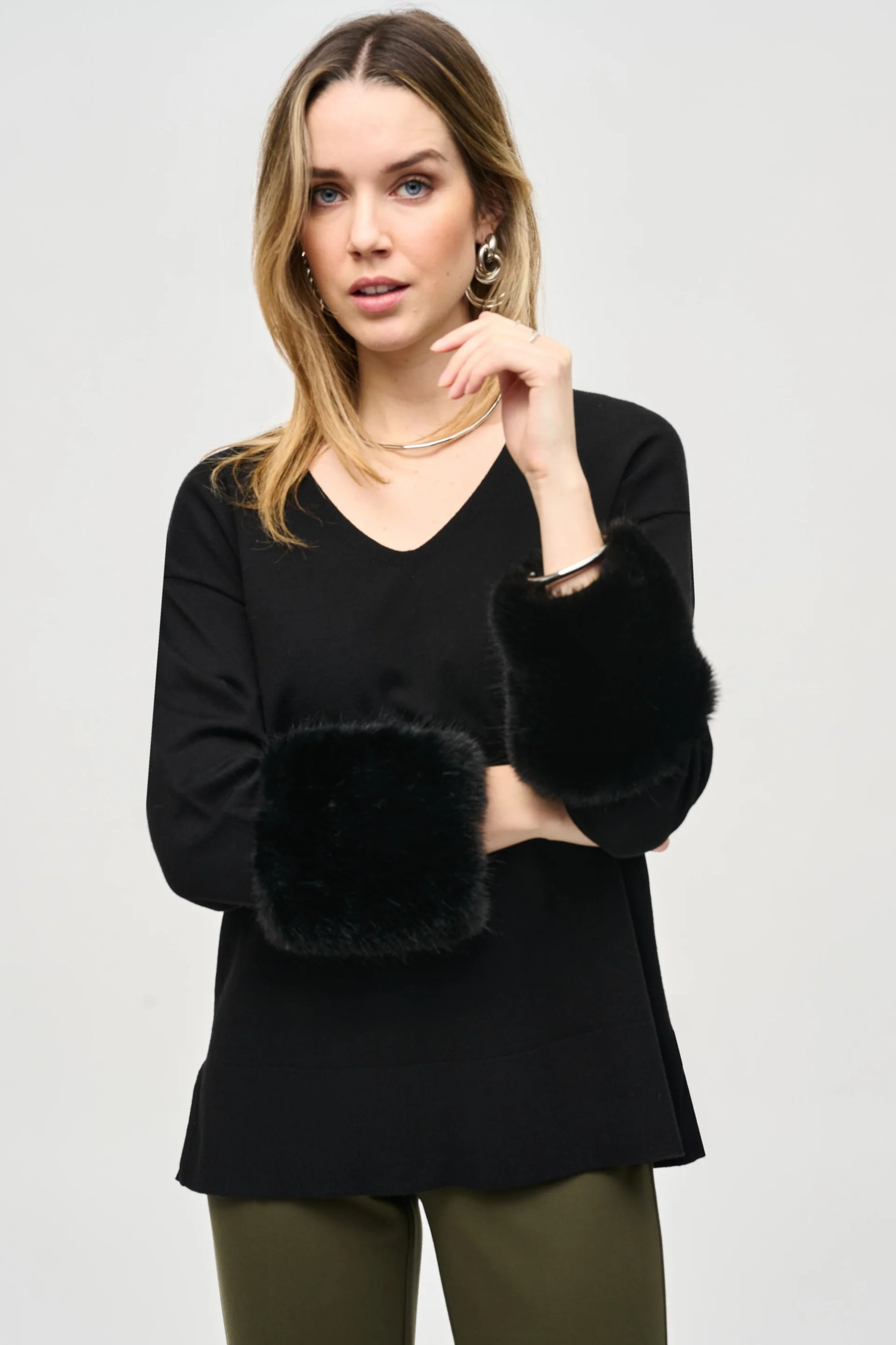 Joseph Ribkoff Black Tunic With Faux Fur Cuffs Style 243955 - Image 4