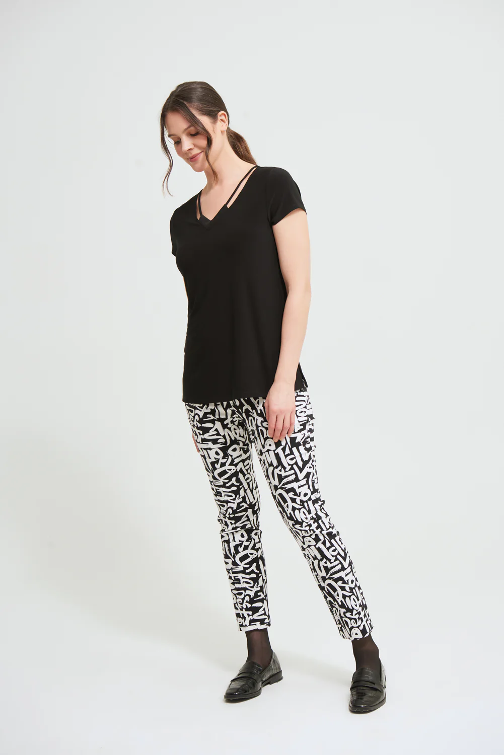 Joseph Ribkoff Black V-neck T-Shirt Style 213338 - Image 2