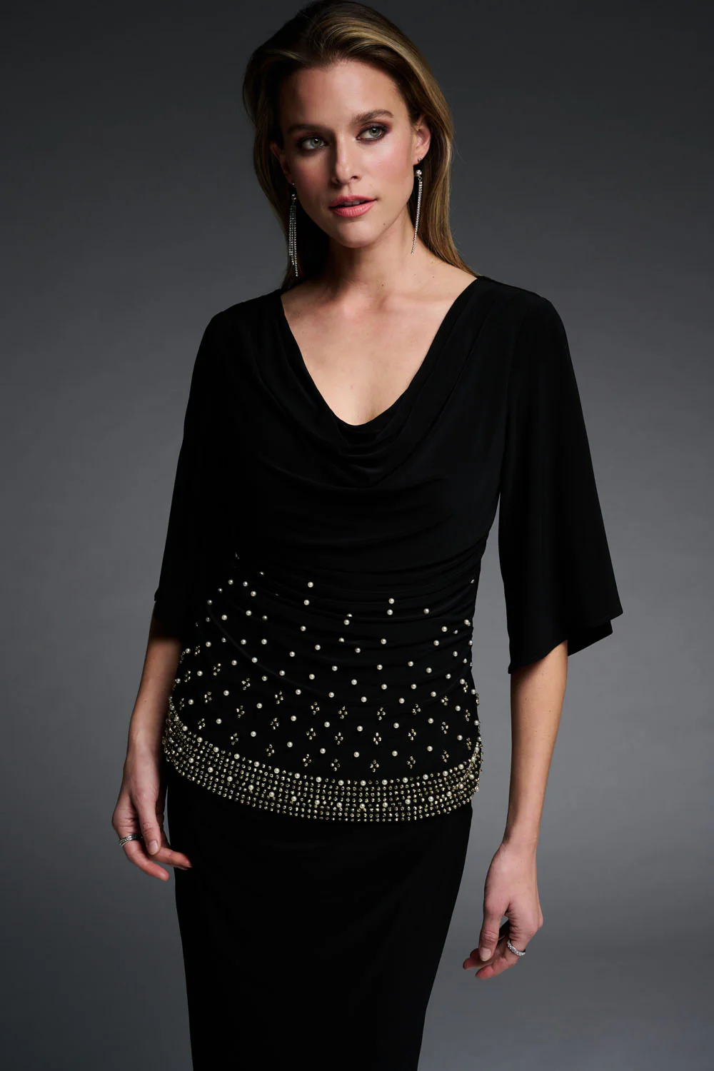 Joseph Ribkoff Black V-Neck Top with Pearl Embellishments Style 223755
