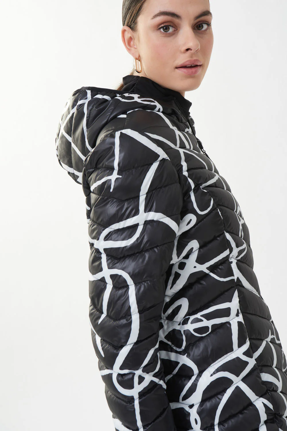 Joseph Ribkoff Black/Vanilla Abstract Puffer Coat Style 223920 - Image 2