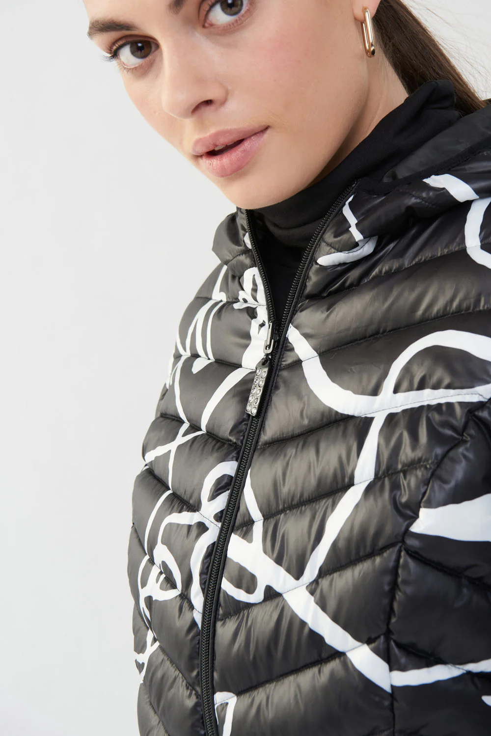 Joseph Ribkoff Black/Vanilla Abstract Puffer Coat Style 223920 - Image 3