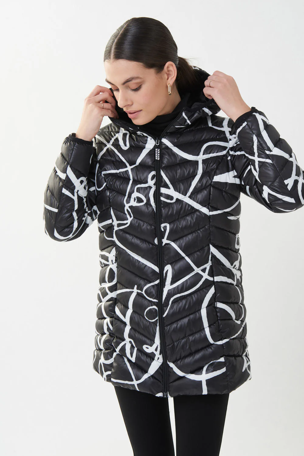 Joseph Ribkoff Black/Vanilla Abstract Puffer Coat Style 223920 - Image 4
